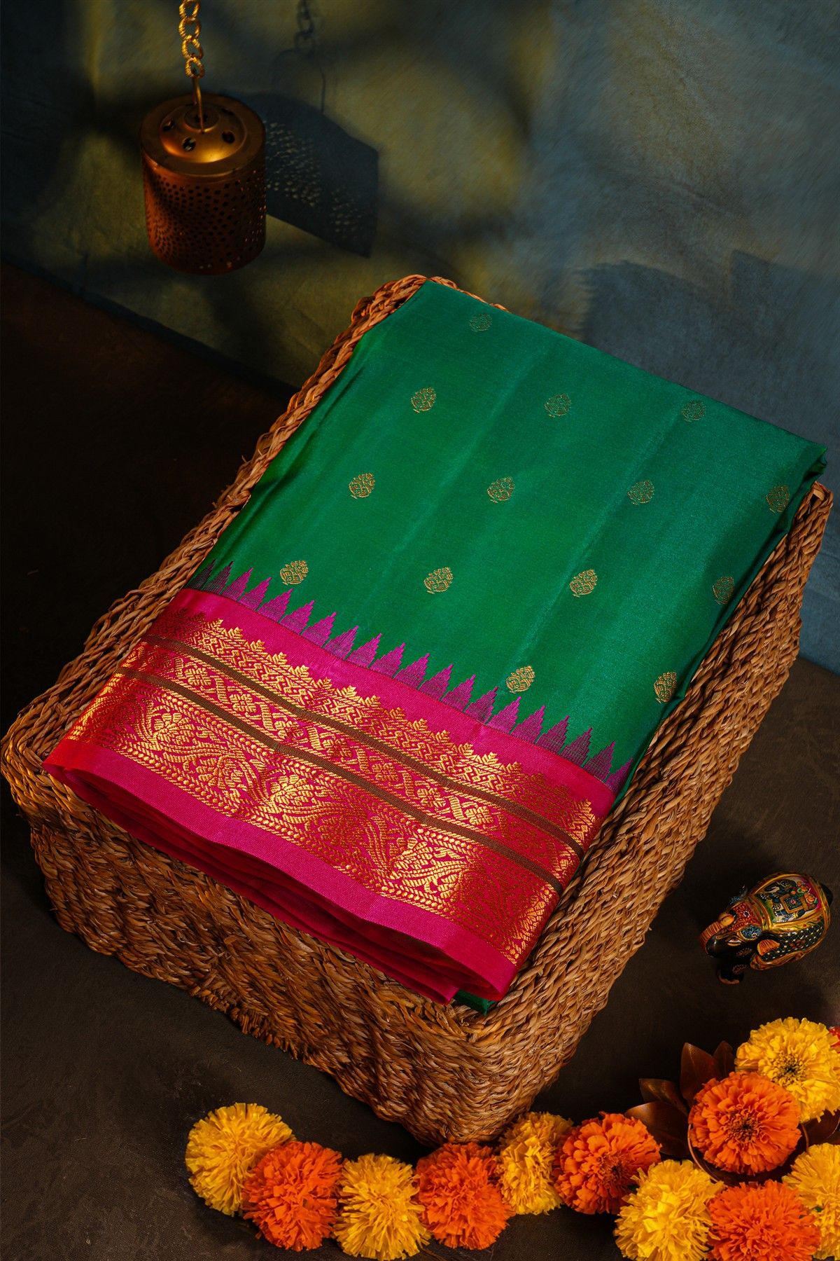 Gadwal Silk Bottle Green Saree