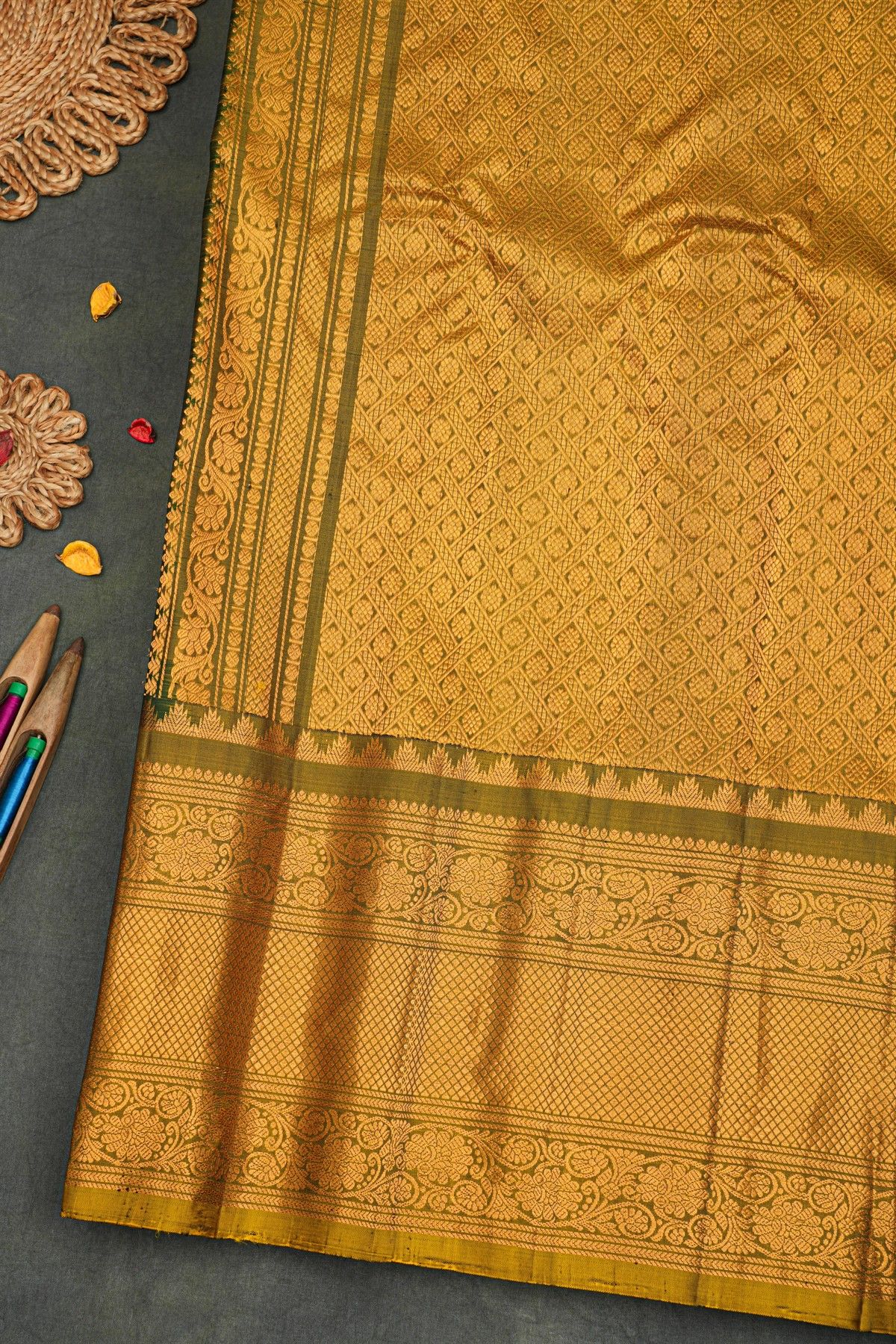 Gadwal Silk Bottle Green Saree