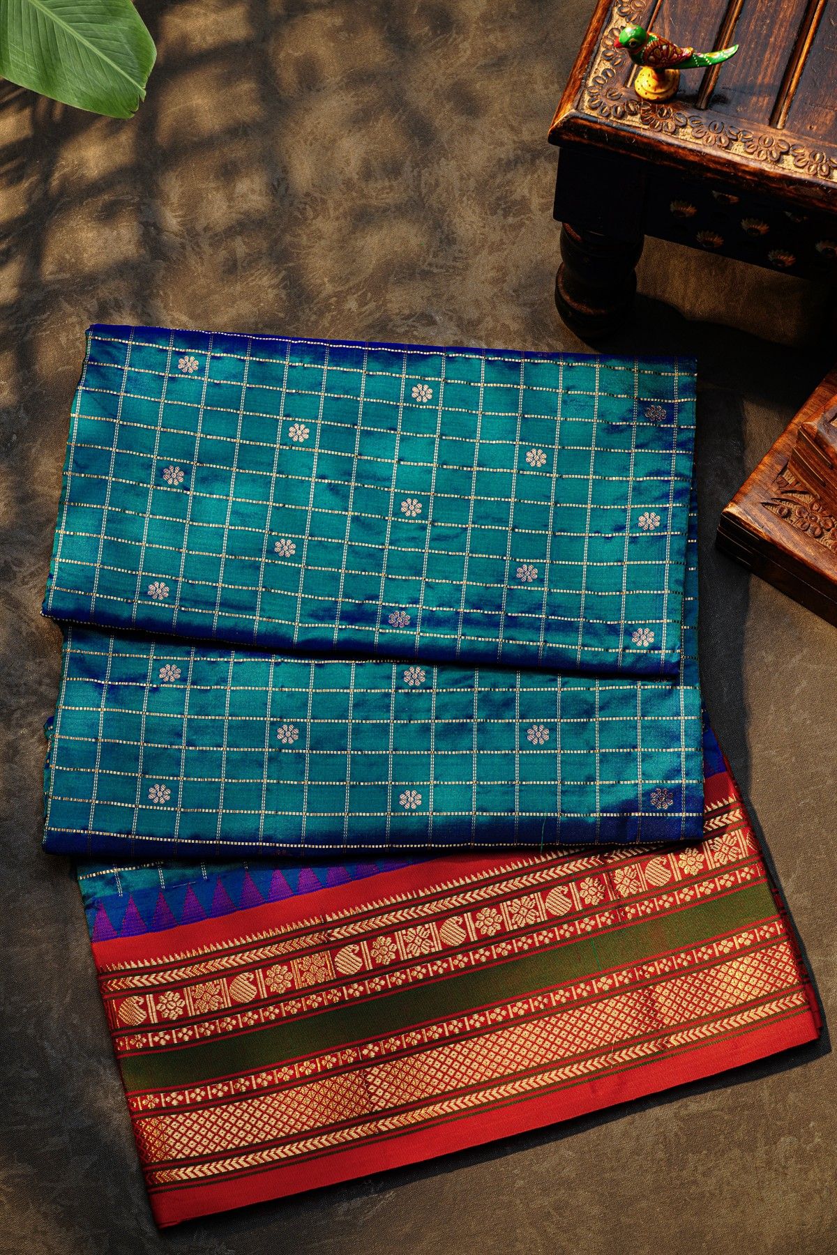 Narayanpet Silk Peacock Blue Zari Checks Saree