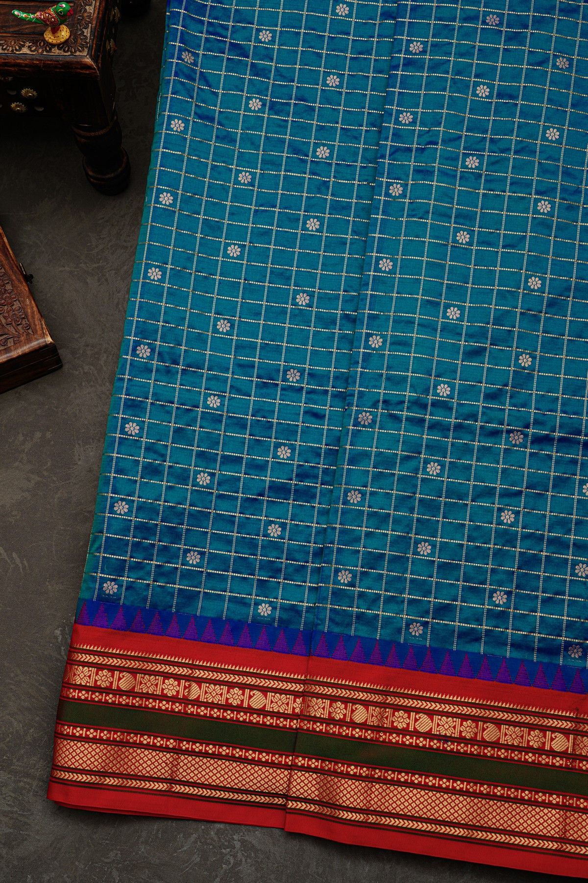 Narayanpet Silk Peacock Blue Zari Checks Saree