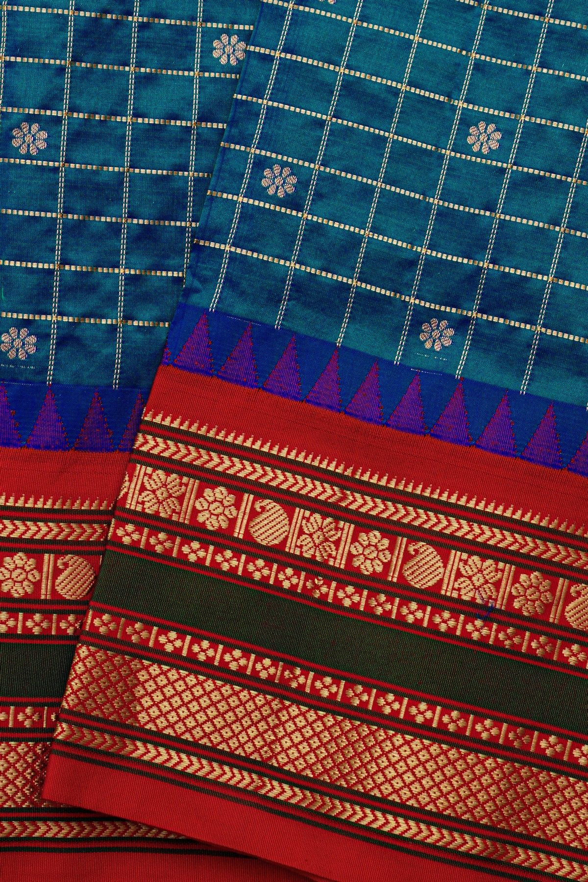 Narayanpet Silk Peacock Blue Zari Checks Saree