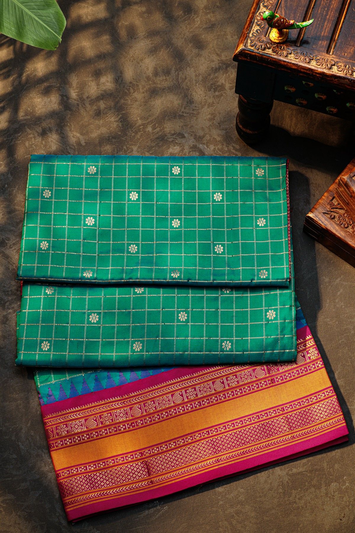 Narayanpet Silk Peacock Green Zari Checks Saree