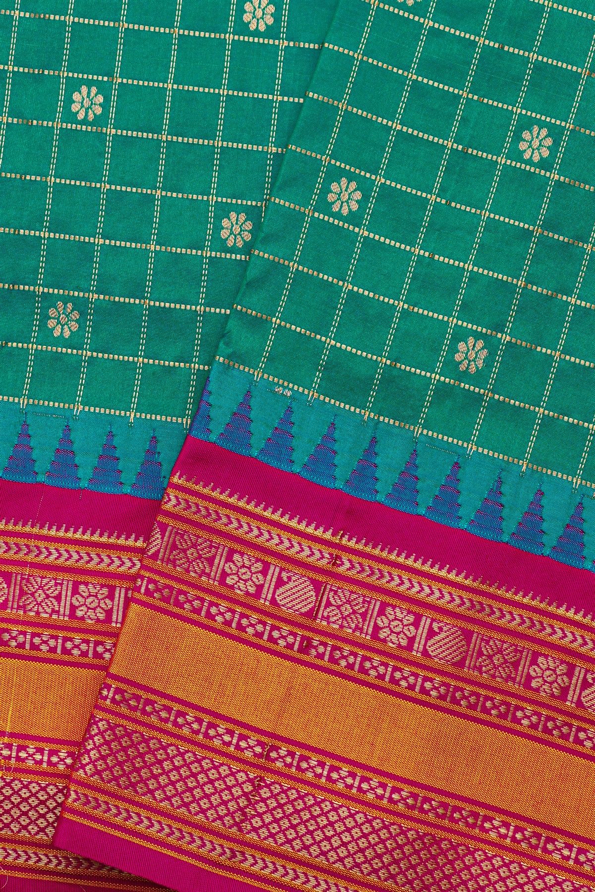 Narayanpet Silk Peacock Green Zari Checks Saree