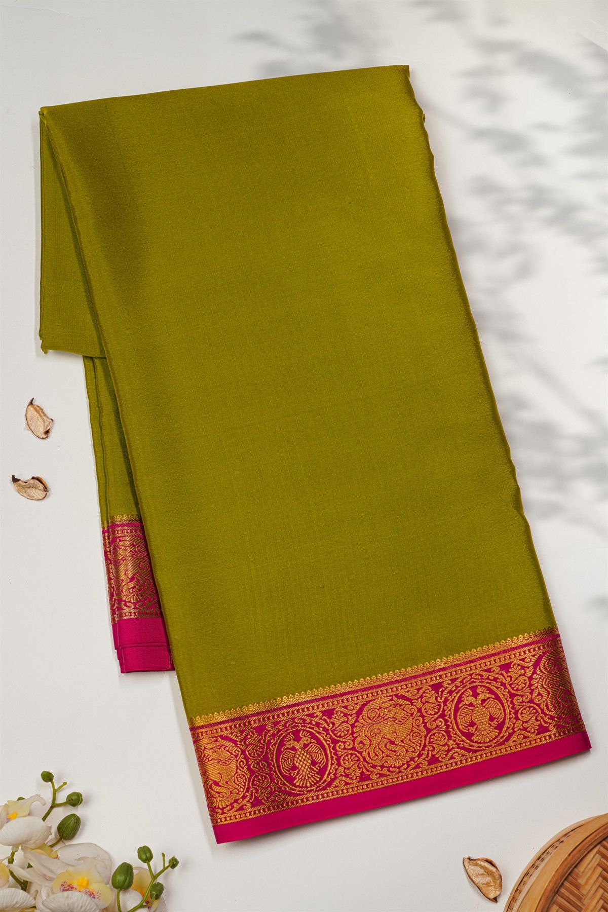 Mysore Crepe Mehendi Green Saree