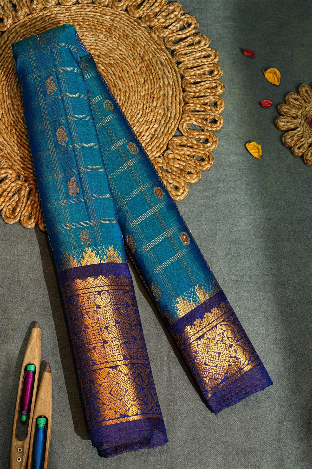 Gadwal Silk Teal Blue Saree