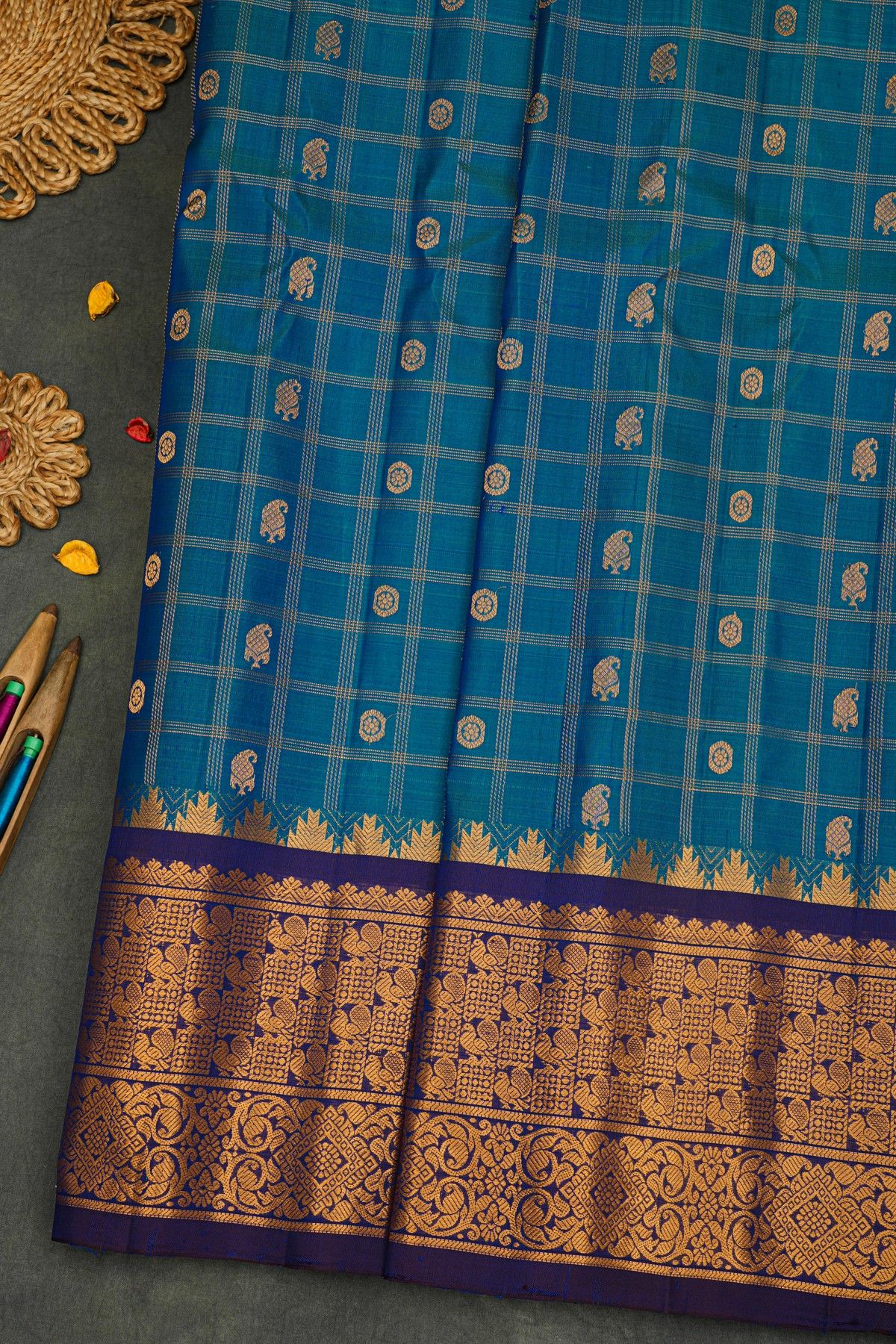 Gadwal Silk Teal Blue Saree