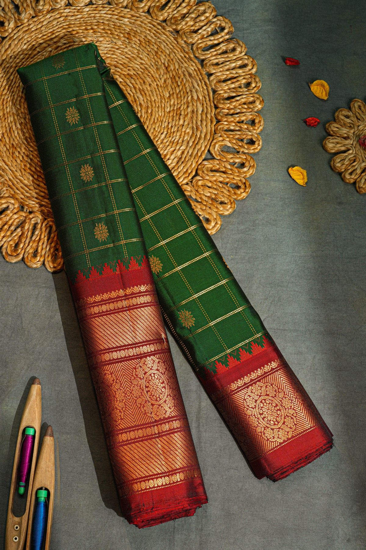 Gadwal Silk Bottle Green Saree