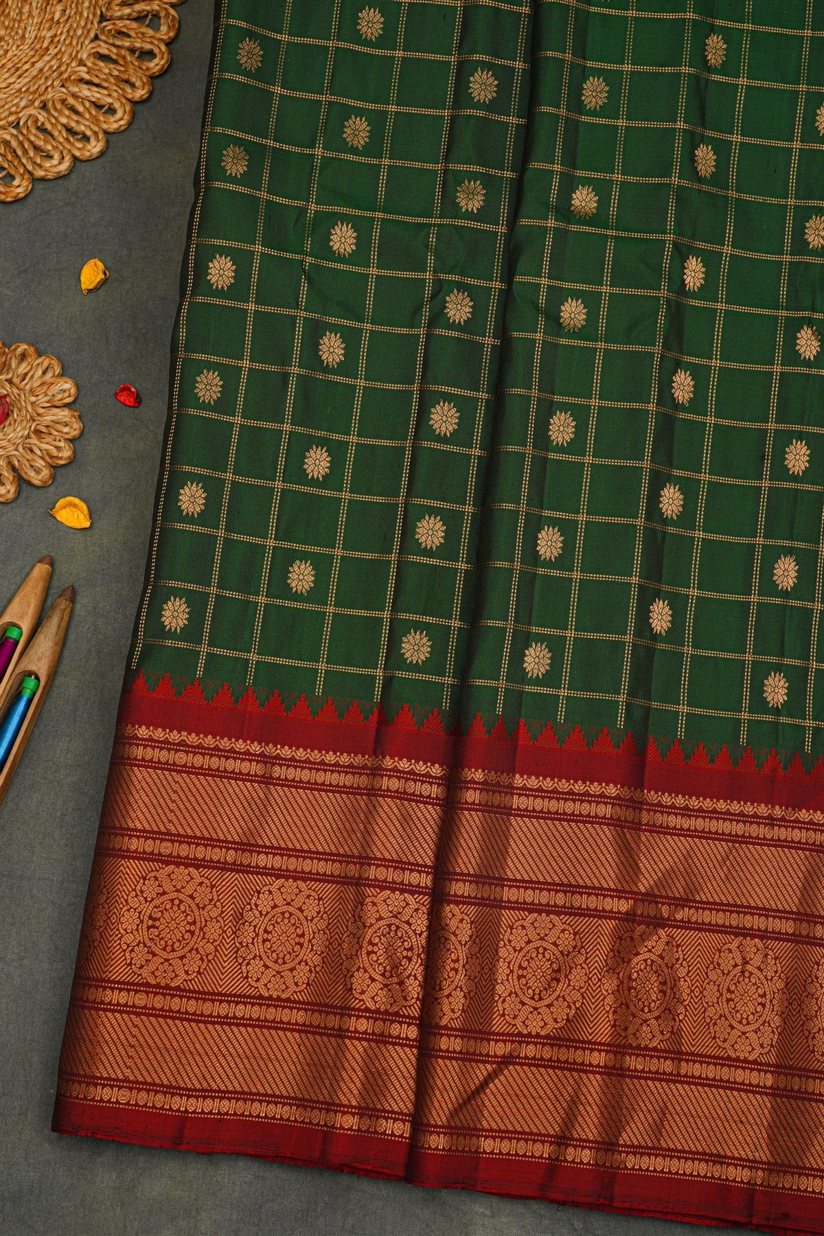 Gadwal Silk Bottle Green Saree