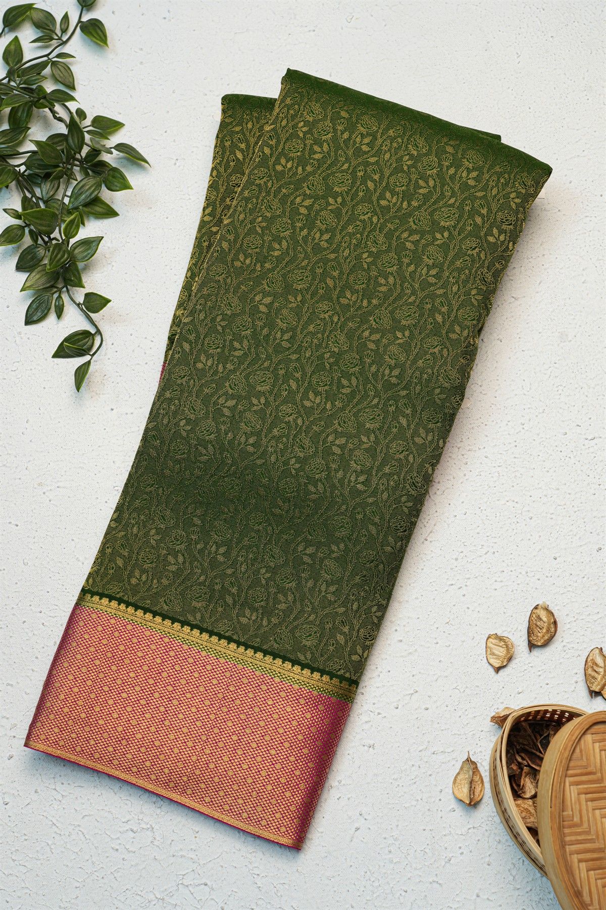 Mysore Crepe Mehendi Green Saree