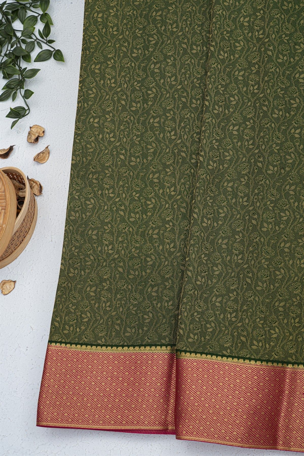 Mysore Crepe Mehendi Green Saree