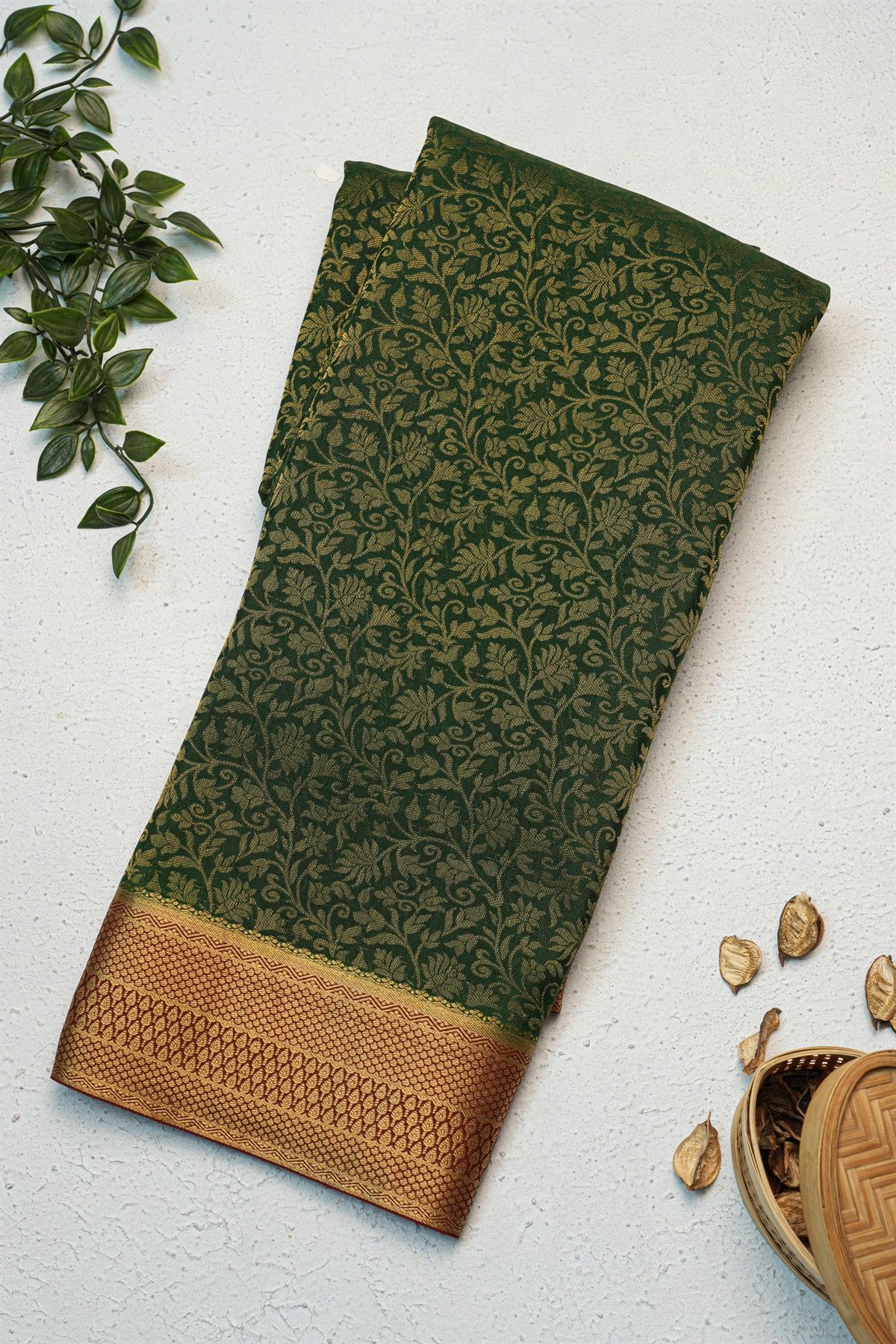 Mysore Crepe Bottle Green Saree