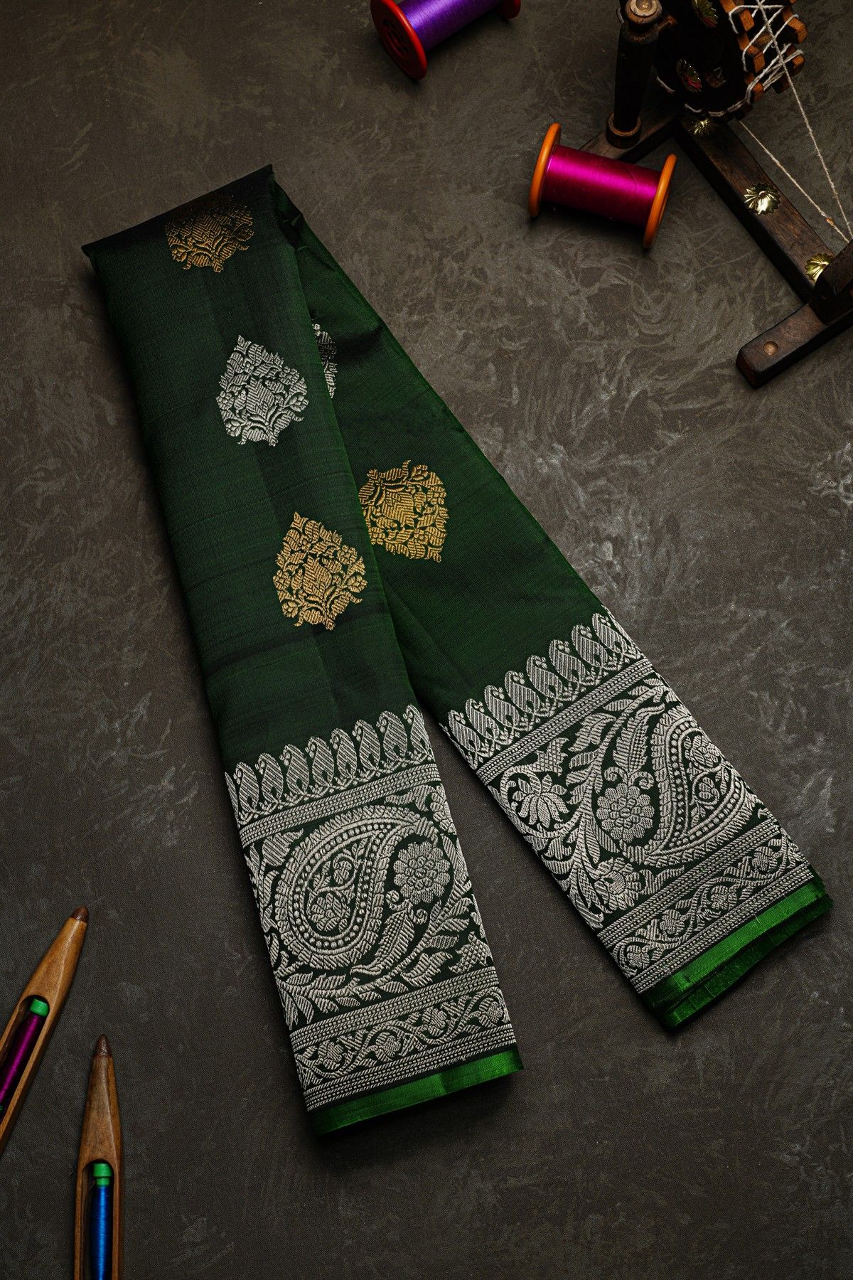 Gadwal Silk Bottle Green Saree