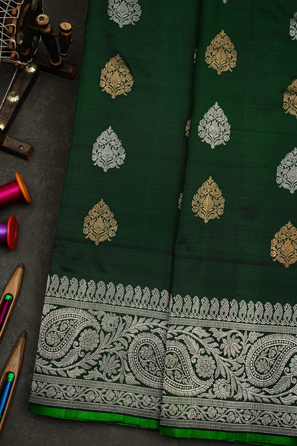Gadwal Silk Bottle Green Saree