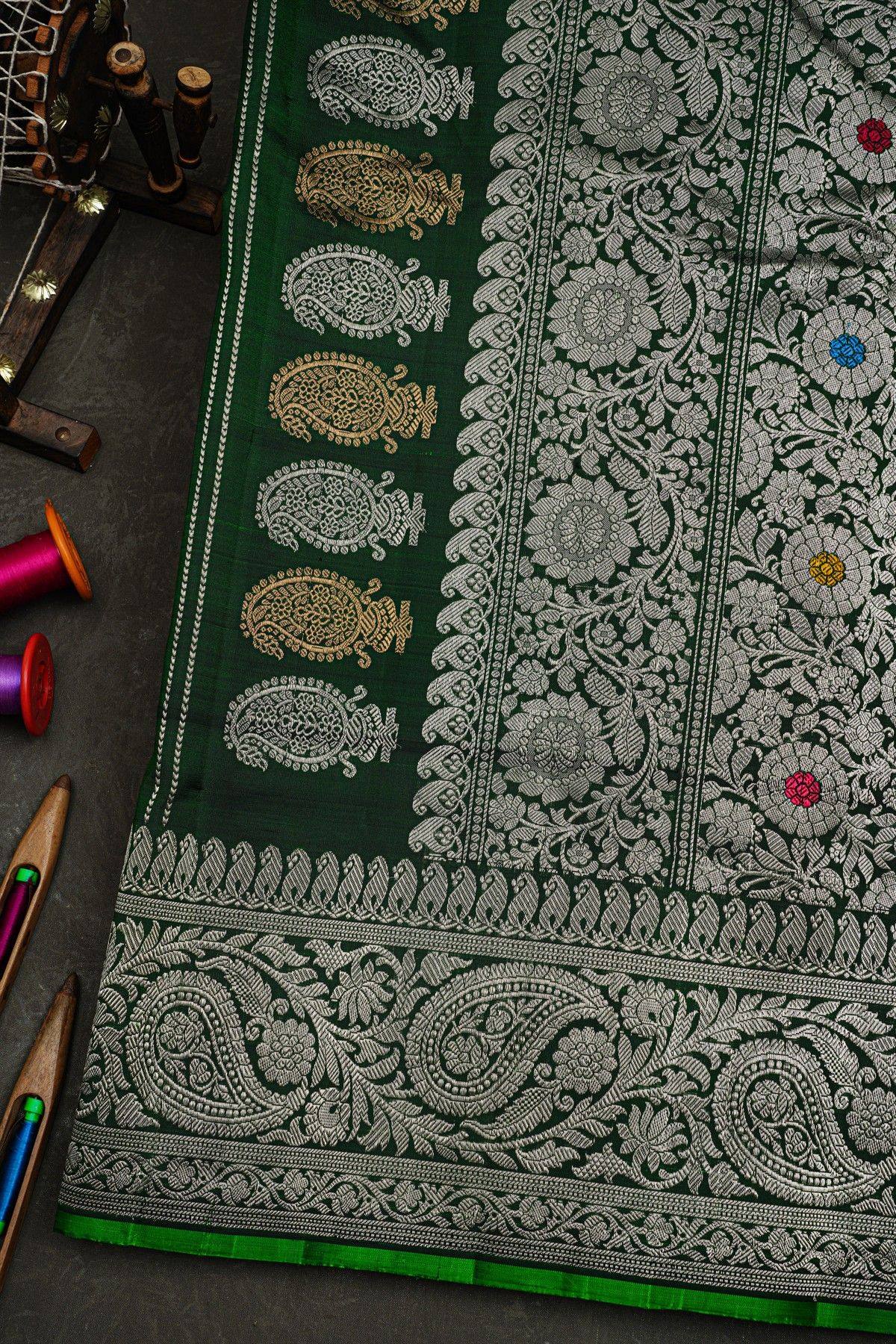 Gadwal Silk Bottle Green Saree