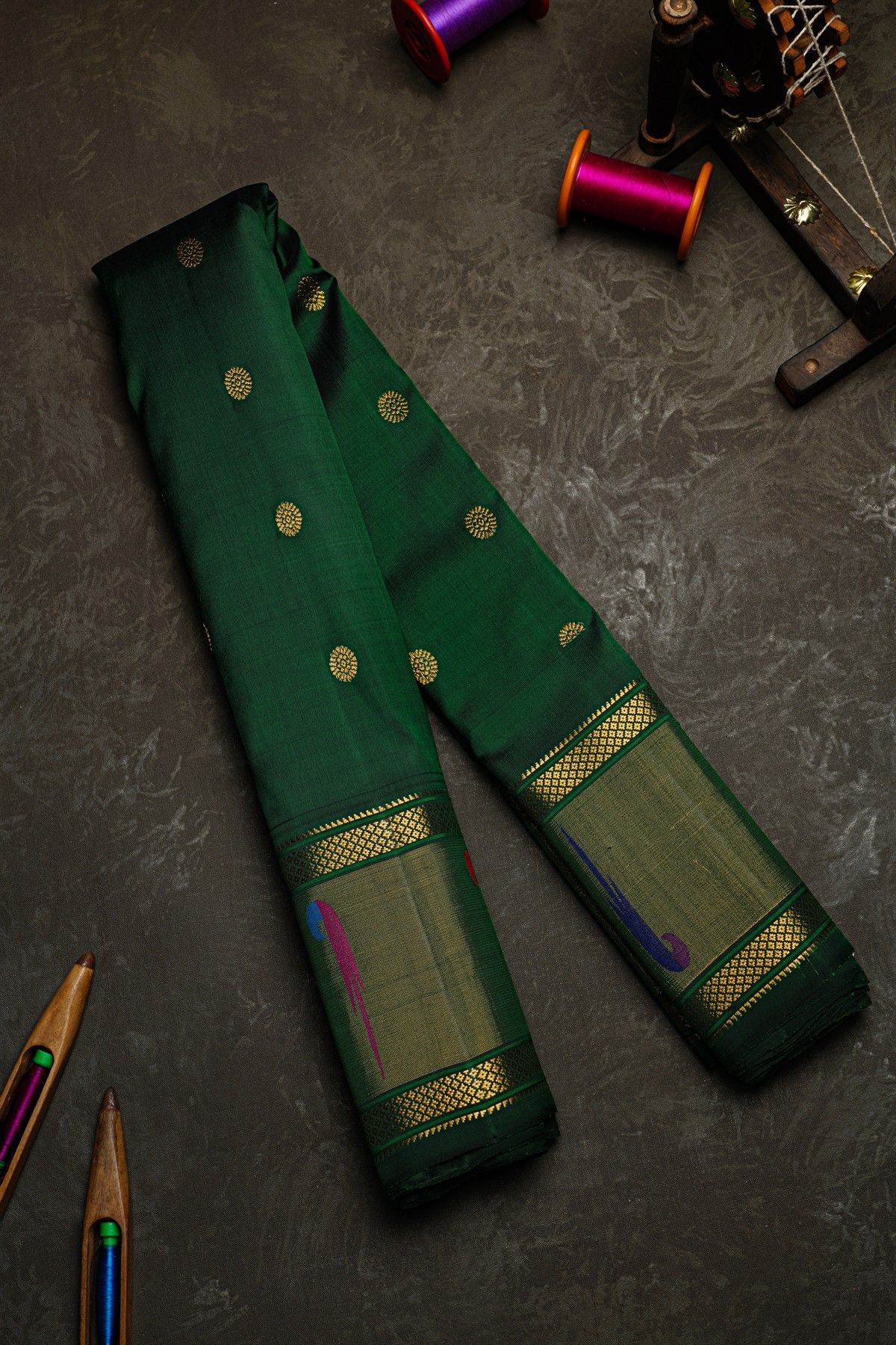 Gadwal Silk Bottle Green Saree