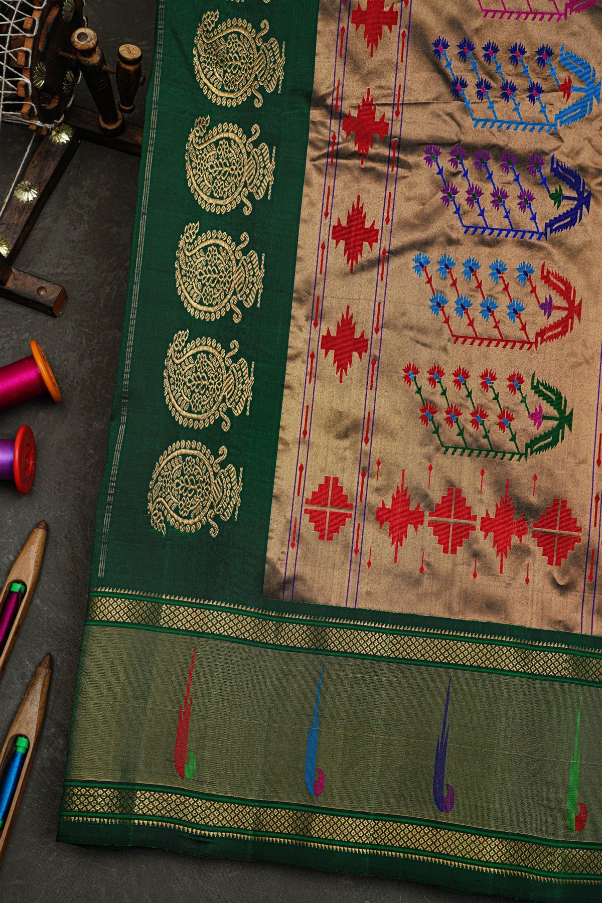 Gadwal Silk Bottle Green Saree