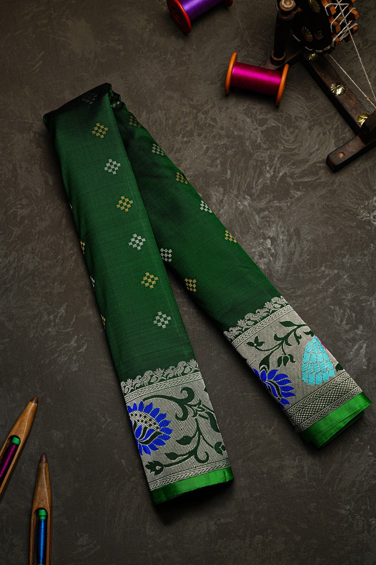 Gadwal Silk Bottle Green Saree