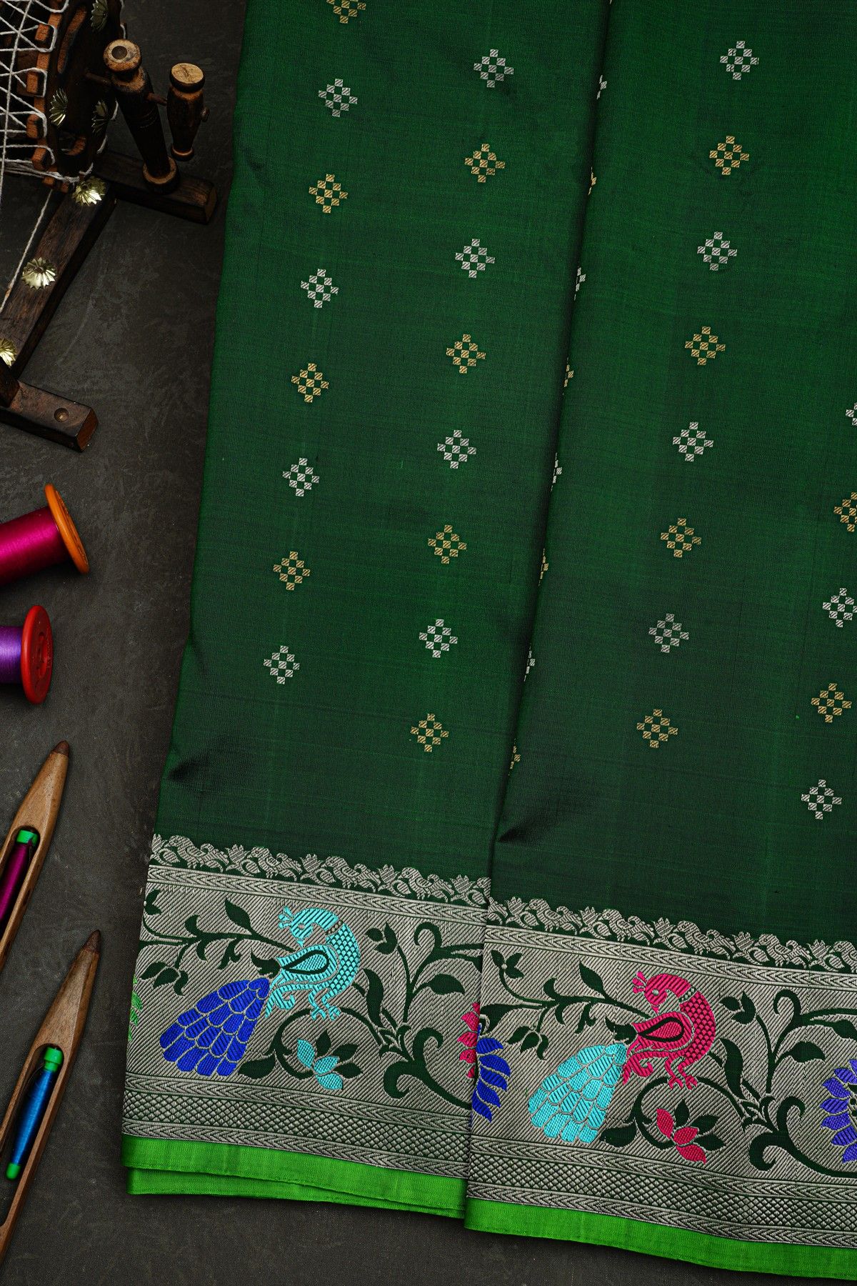 Gadwal Silk Bottle Green Saree