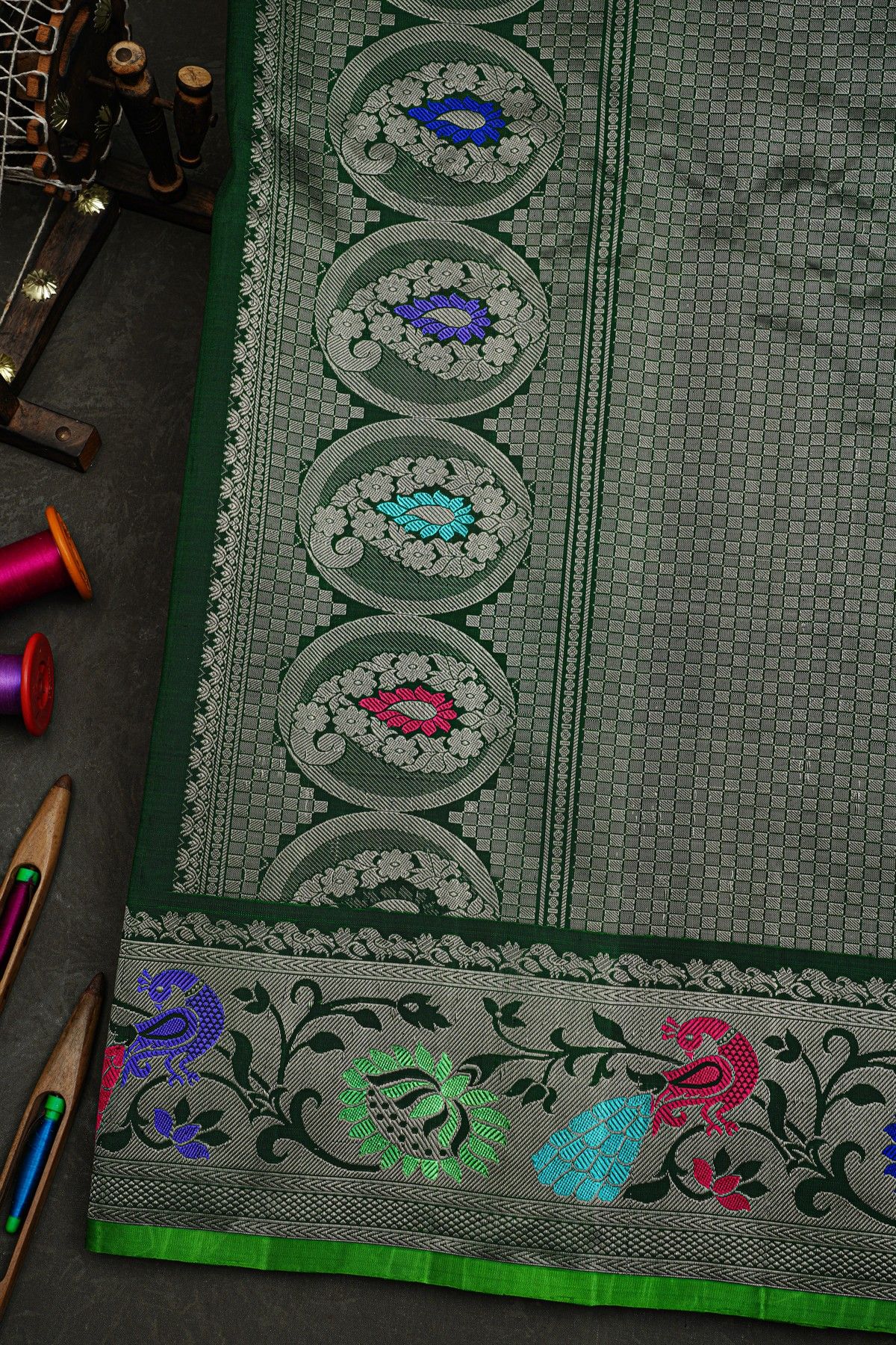 Gadwal Silk Bottle Green Saree