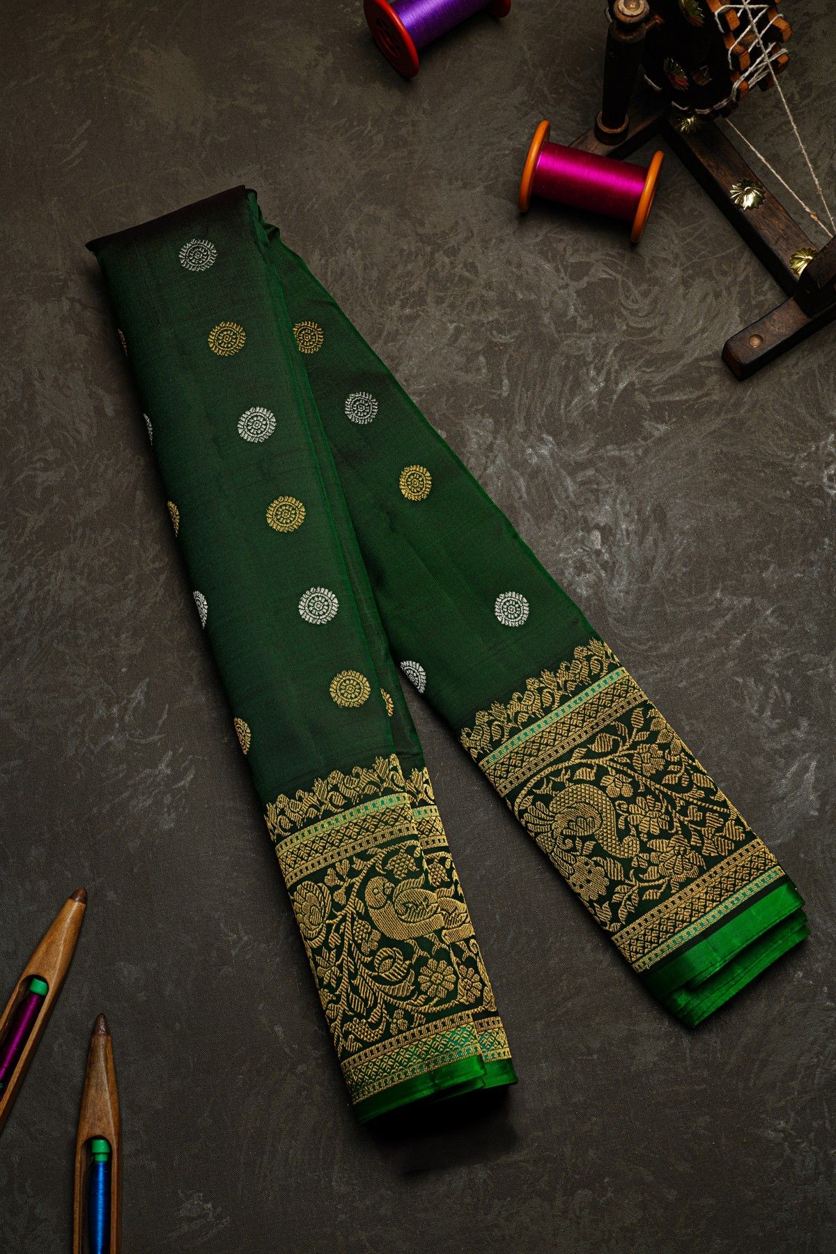 Gadwal Silk Bottle Green Saree