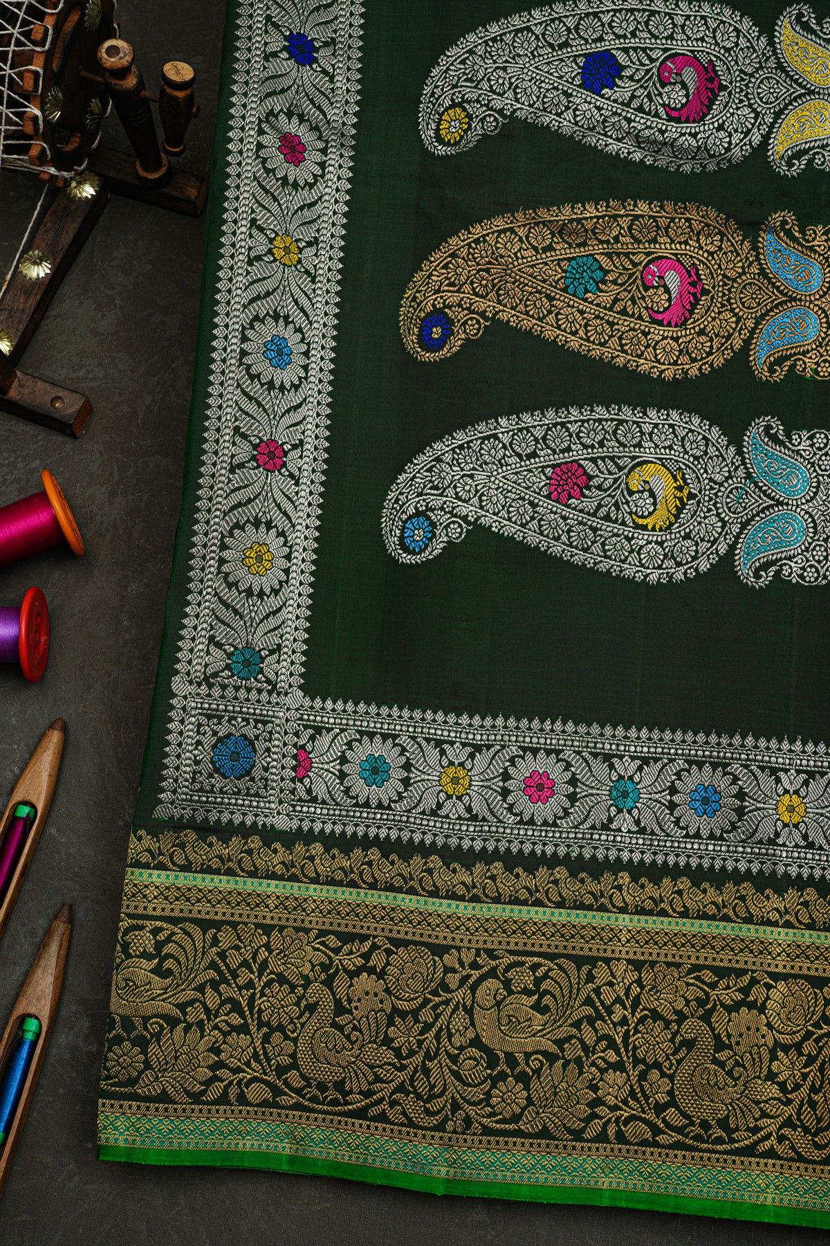 Gadwal Silk Bottle Green Saree