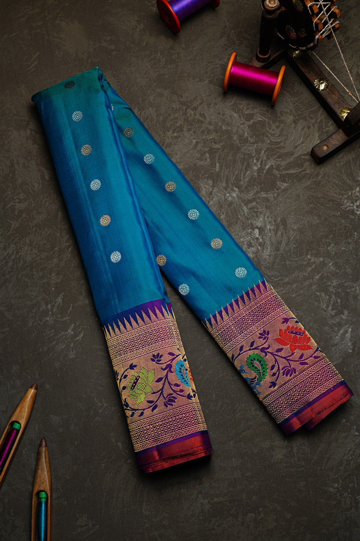 Gadwal Silk Peacock Blue Saree