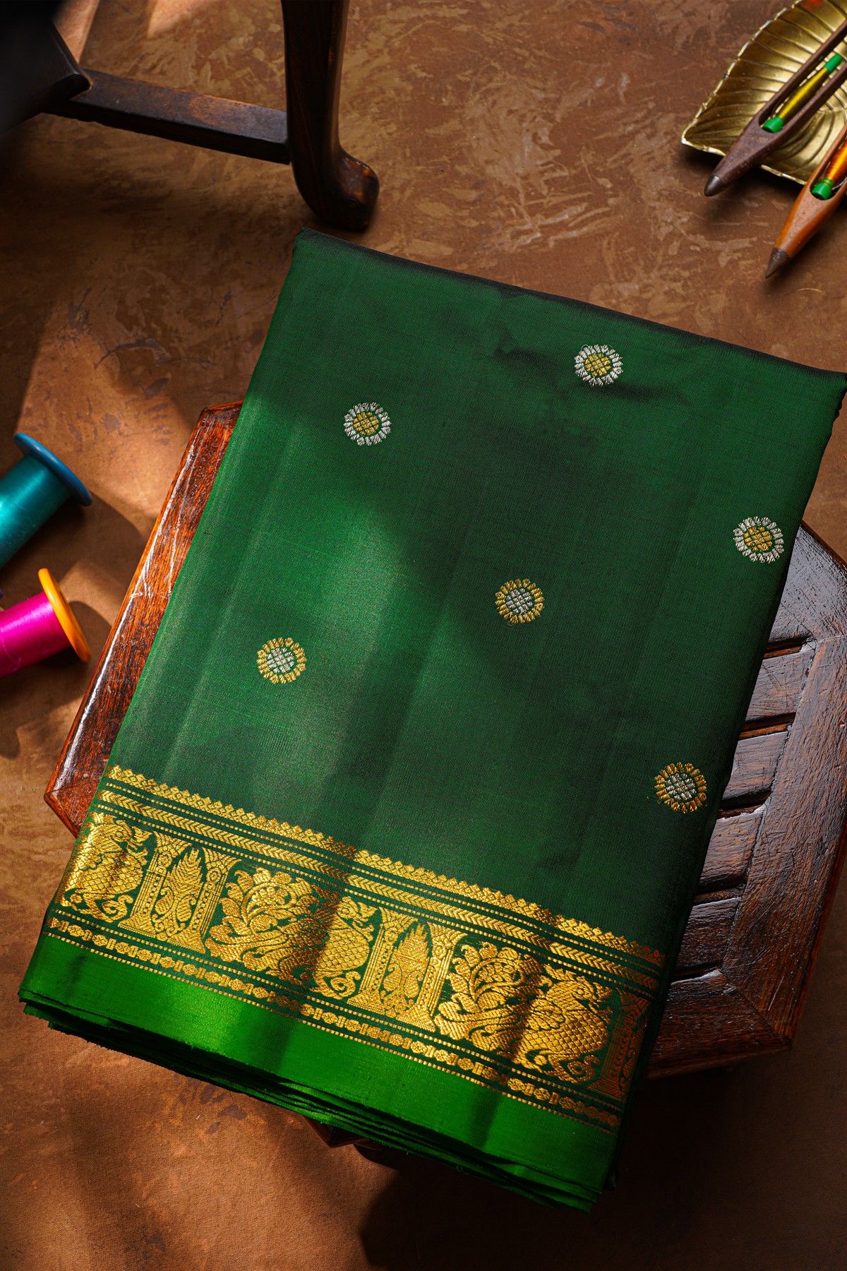 Gadwal Silk Bottle Green Saree