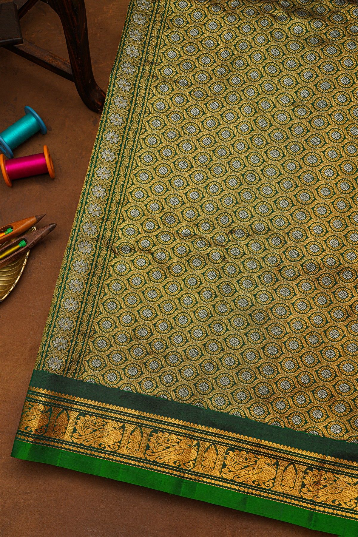 Gadwal Silk Bottle Green Saree