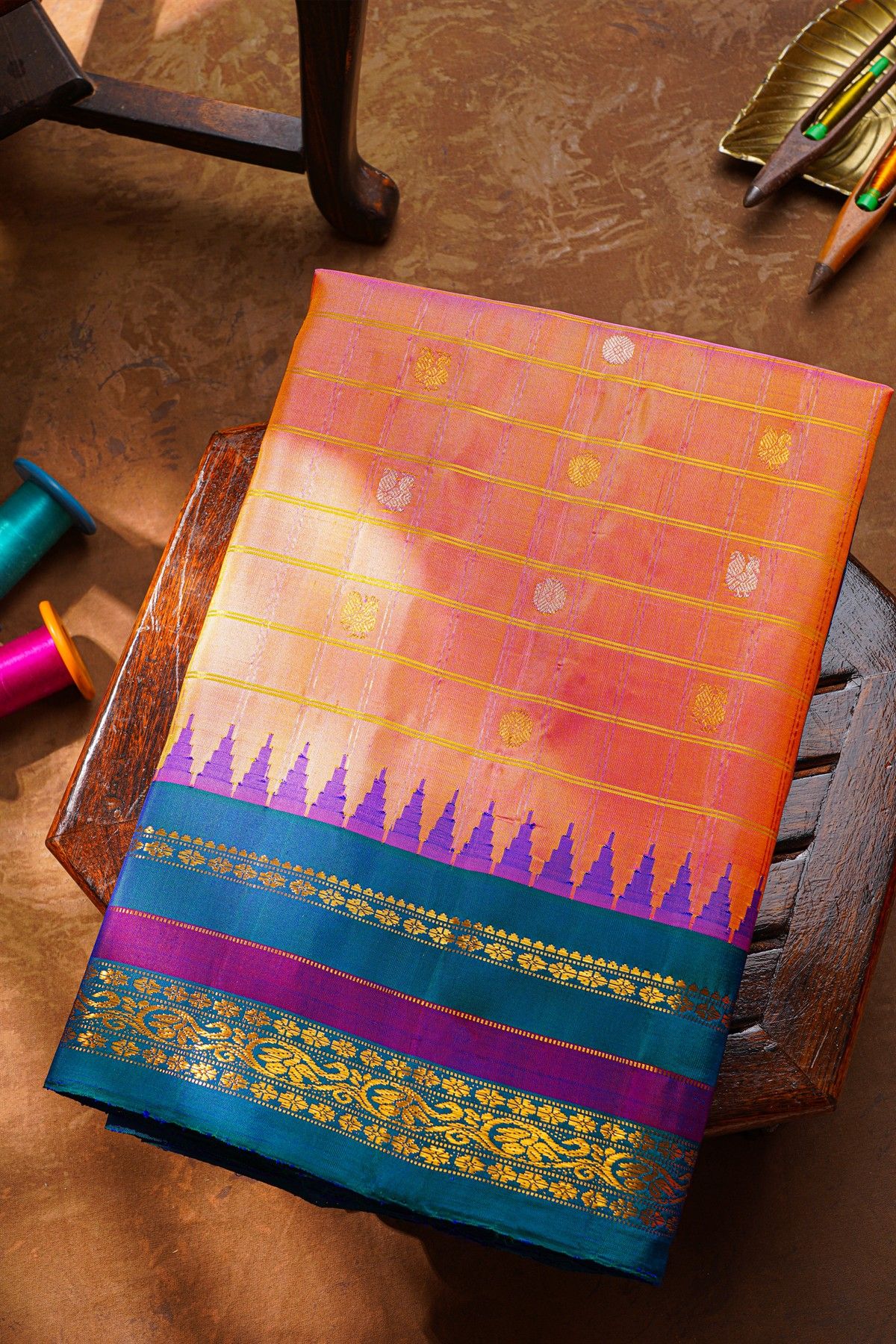 Gadwal Silk Peach Saree