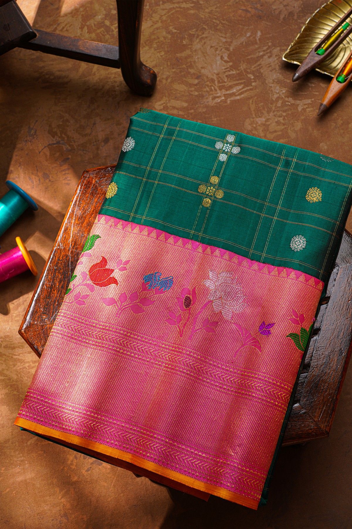 Gadwal Silk Bottle Green Saree