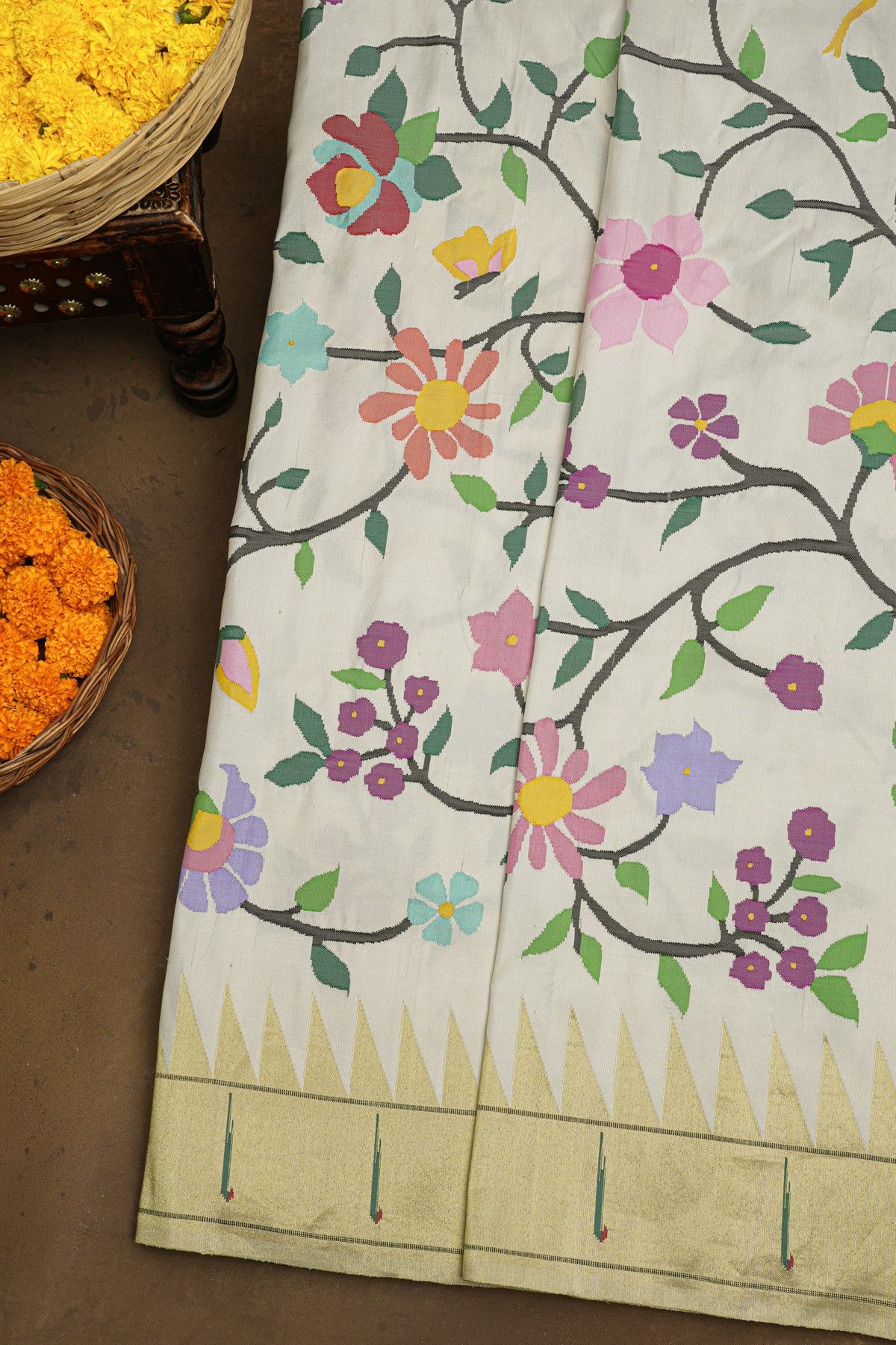 Paithani Silk Off White Saree