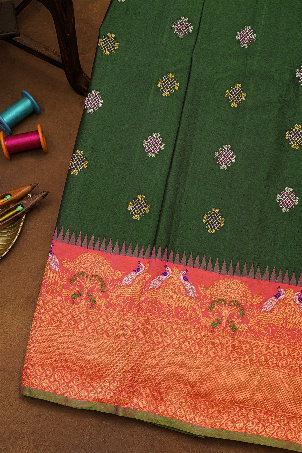 Gadwal Silk Bottle Green Saree