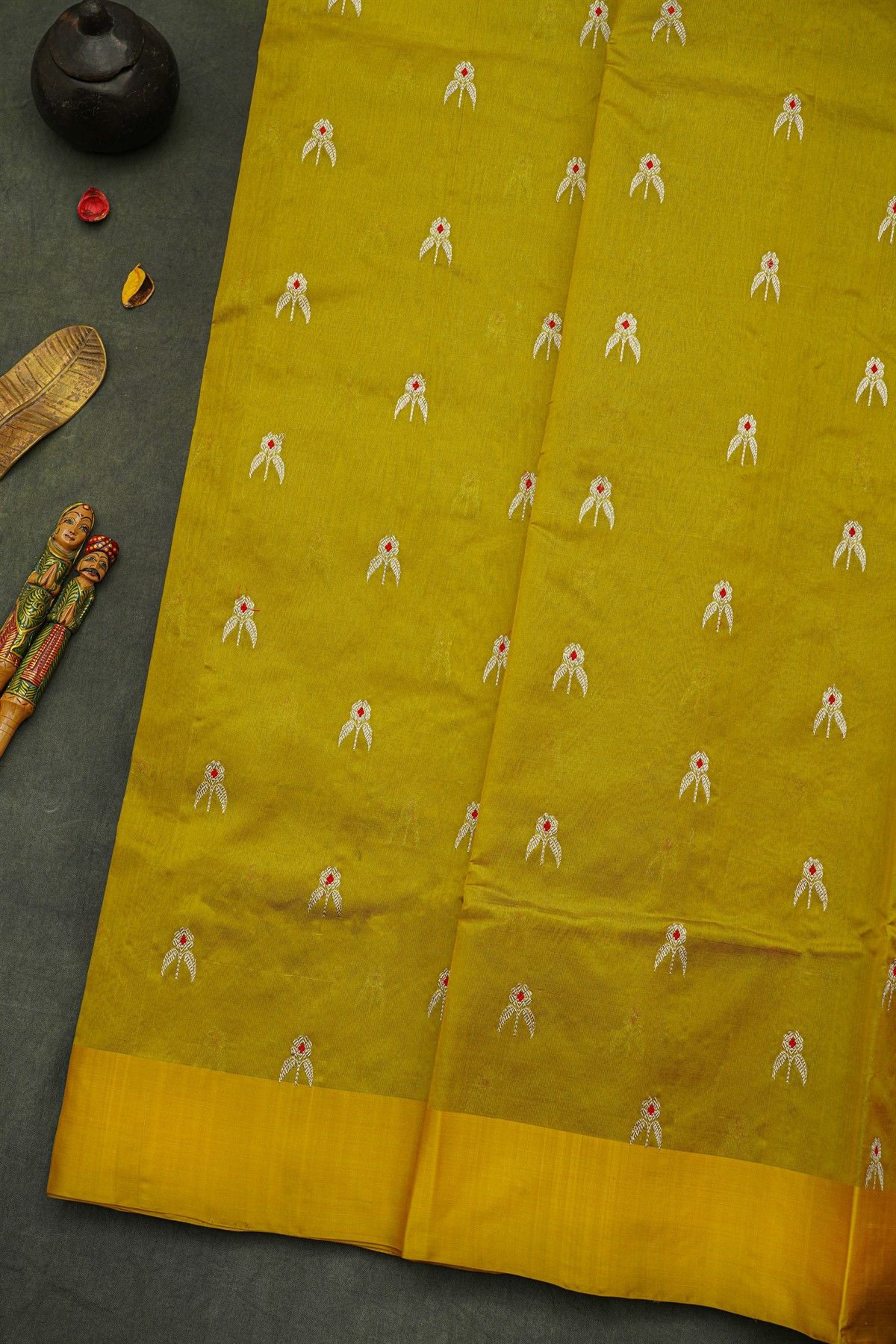Chanderi Silk Lime Green Saree With Floral Buttis