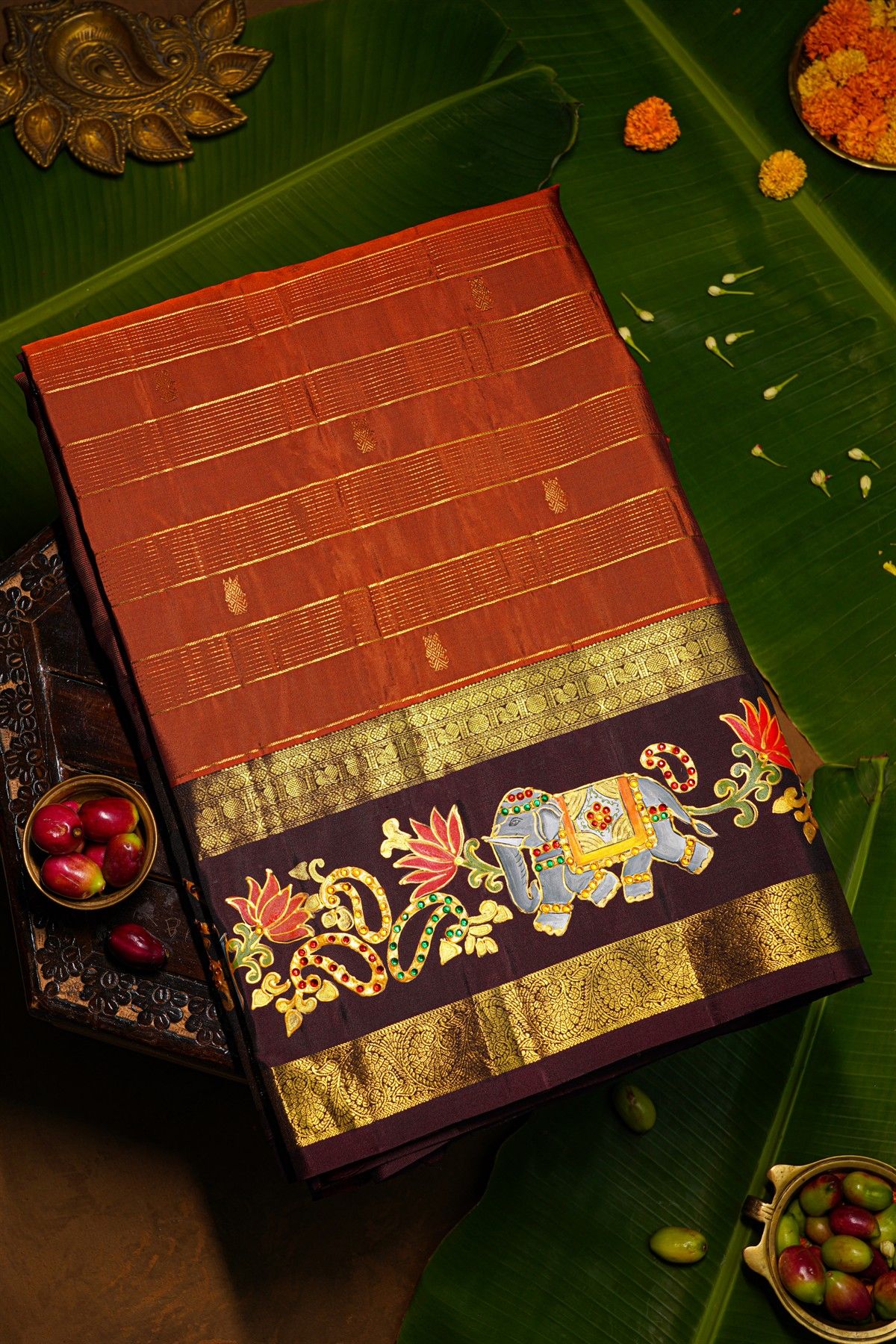 Kancheepuram Silk Fusion Tanjore Hand Painted Rust Saree