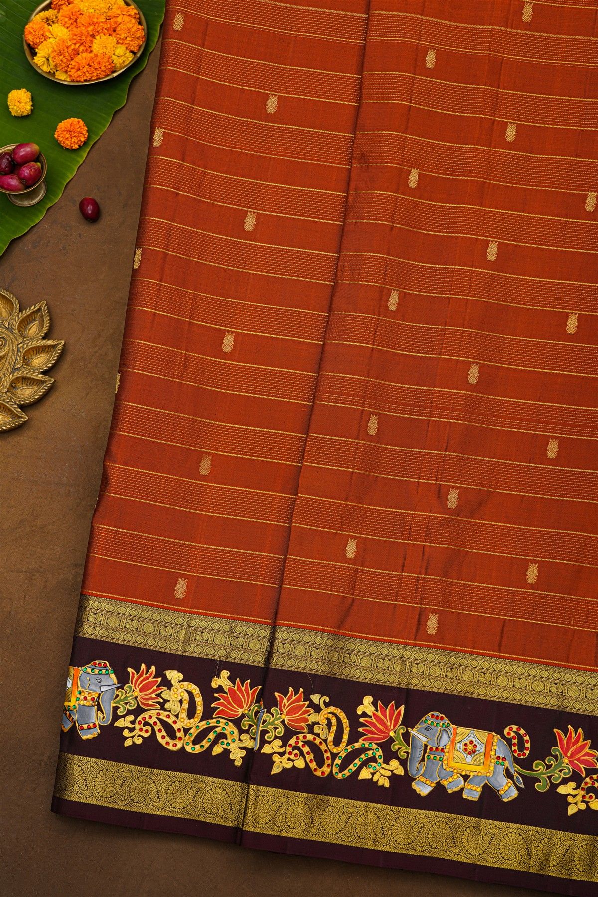 Kancheepuram Silk Fusion Tanjore Hand Painted Rust Saree