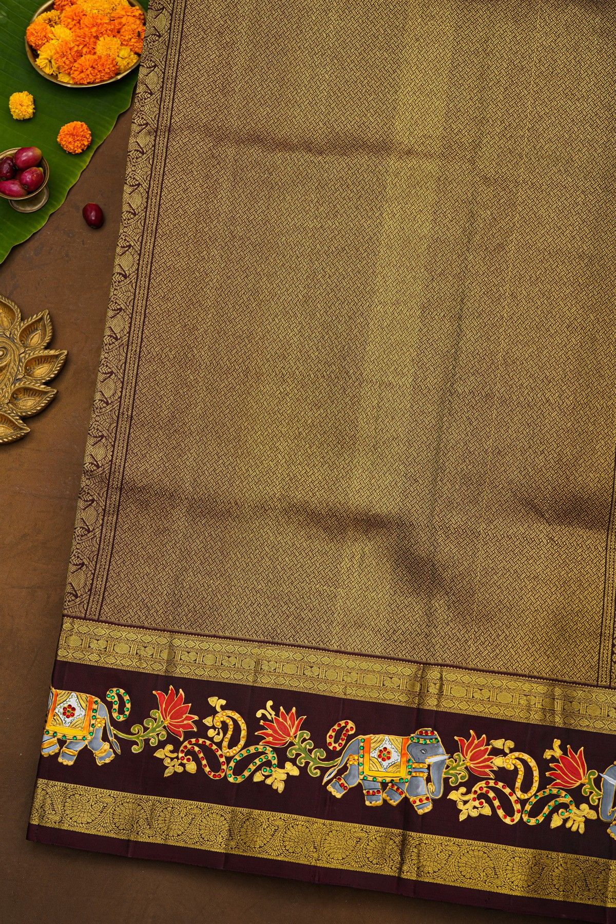 Kancheepuram Silk Fusion Tanjore Hand Painted Rust Saree