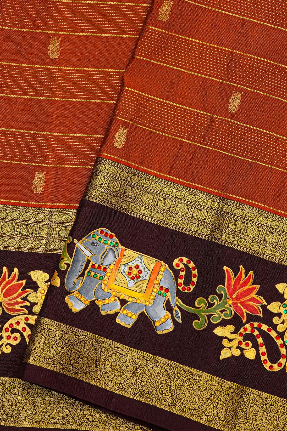 Kancheepuram Silk Fusion Tanjore Hand Painted Rust Saree