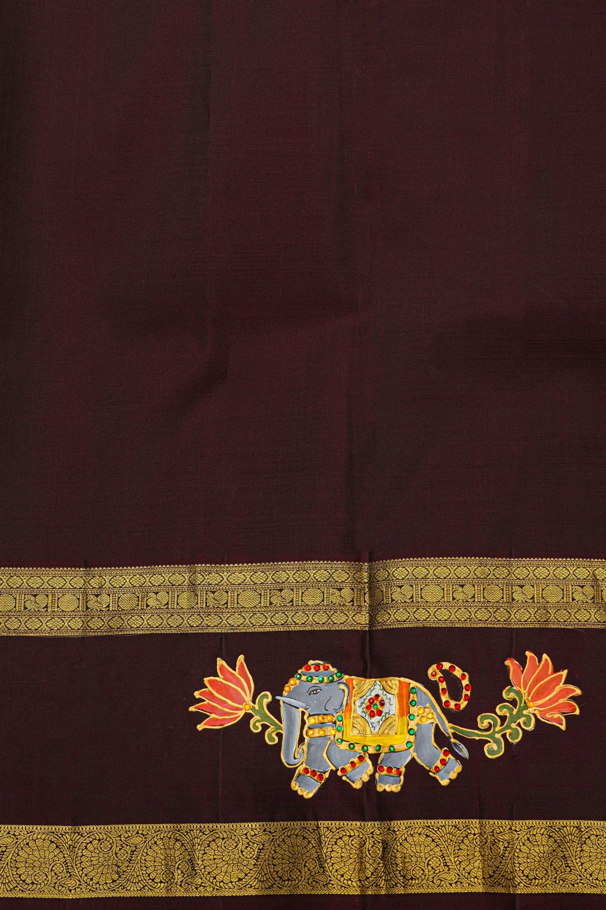 Kancheepuram Silk Fusion Tanjore Hand Painted Rust Saree