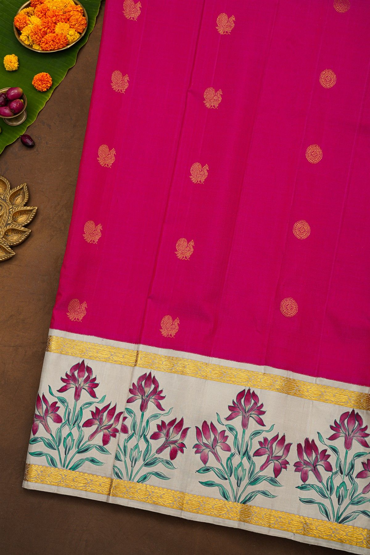 Gadwal Silk Magenta Hand-Painted Saree