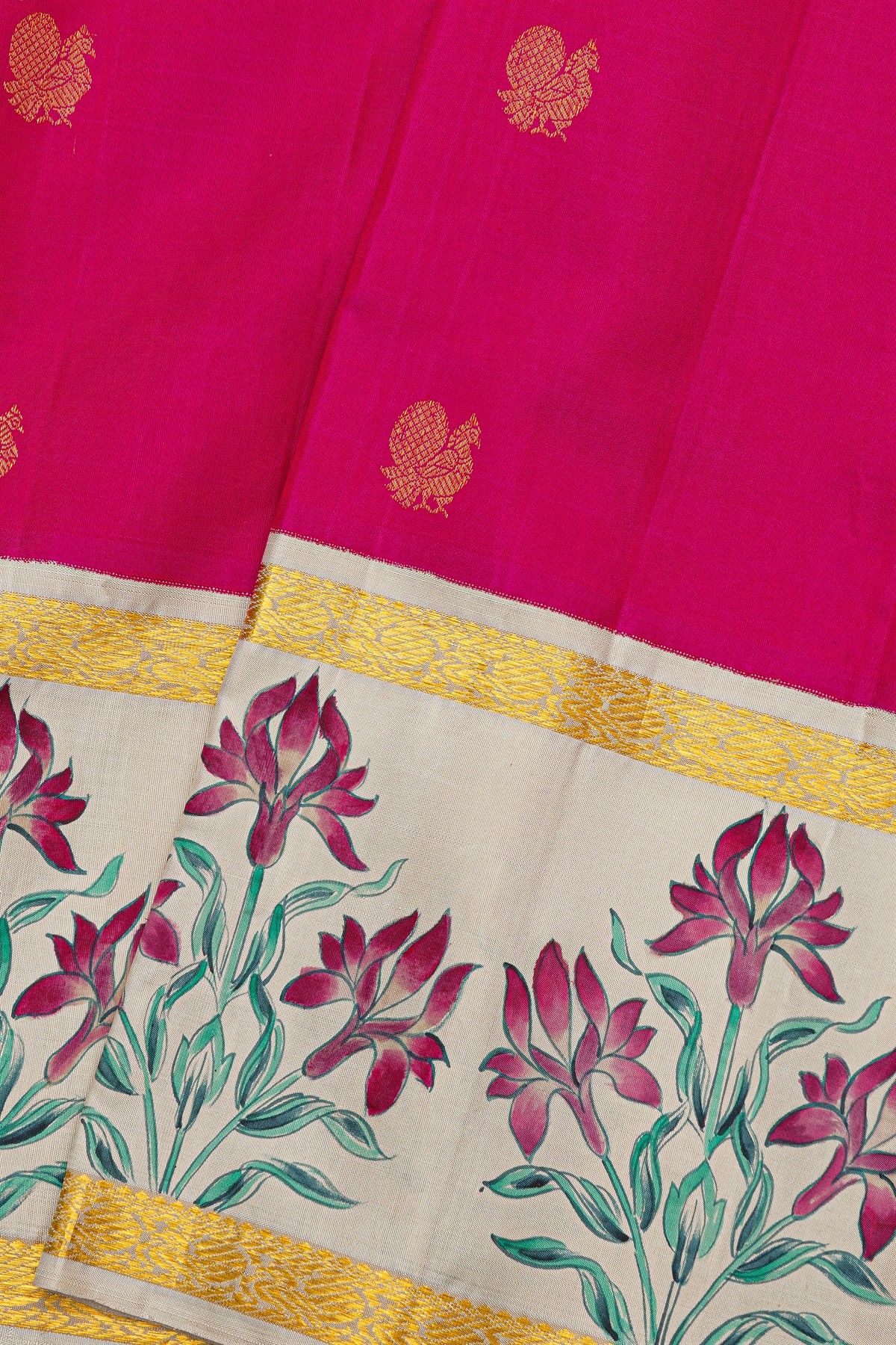 Gadwal Silk Magenta Hand-Painted Saree