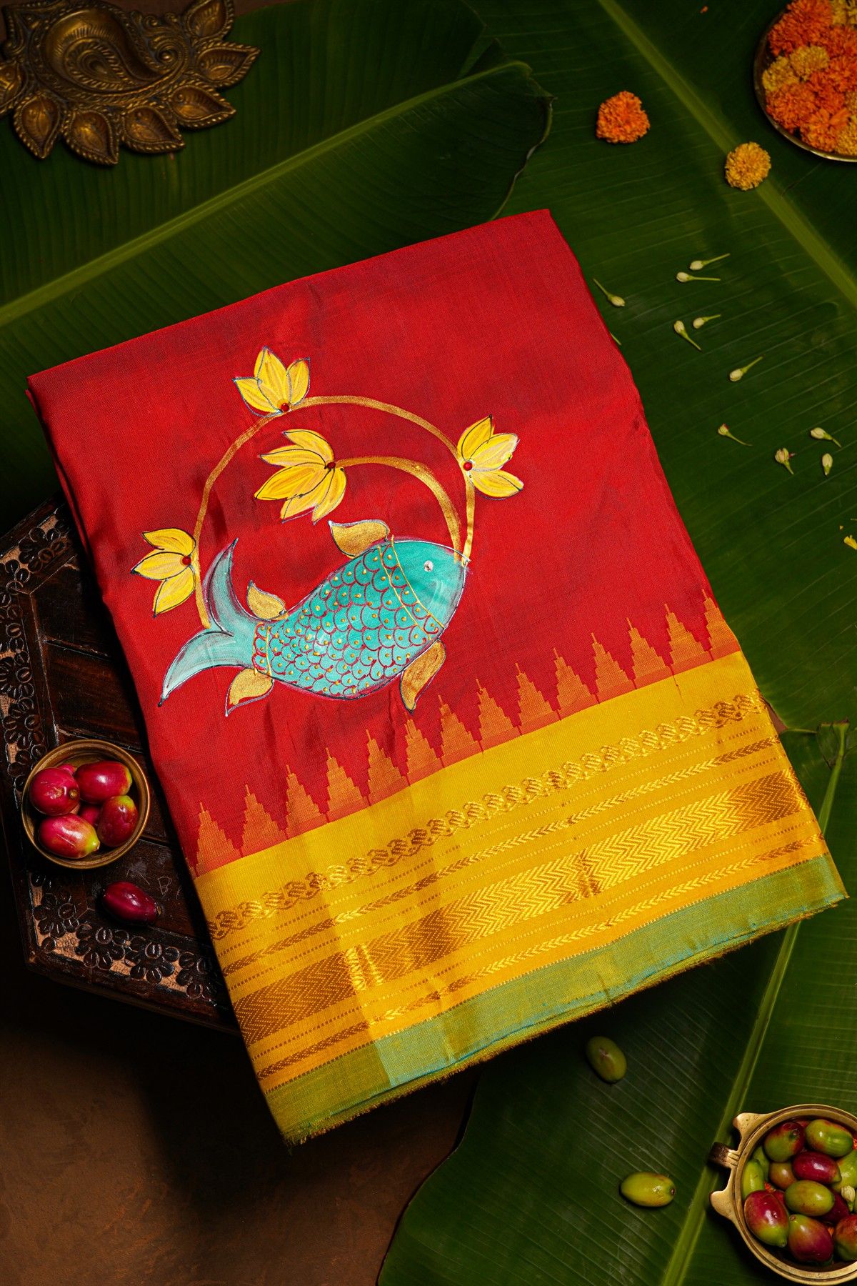 Gadwal Silk Red Tanjore Hand Painted Saree