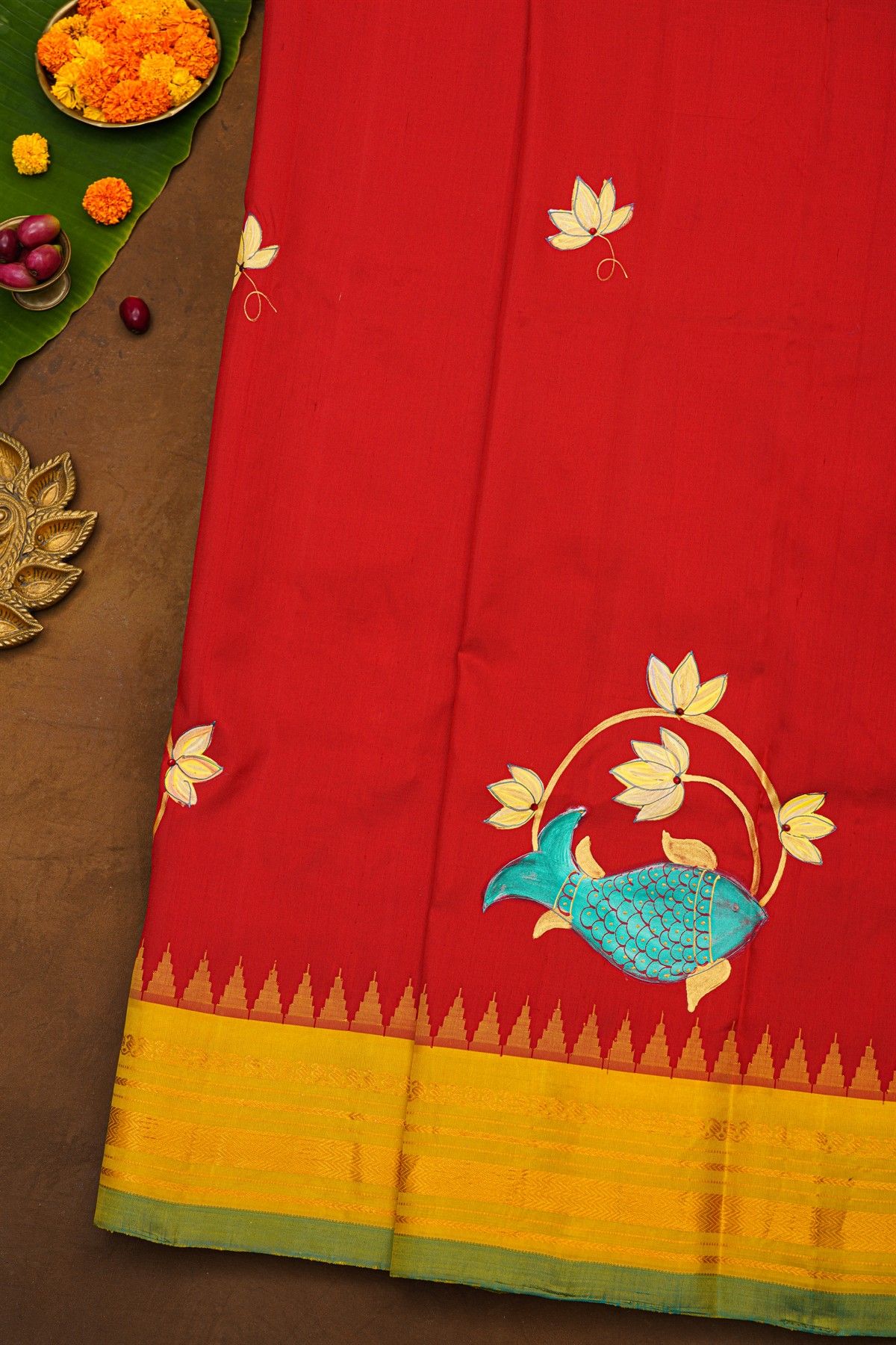 Gadwal Silk Red Tanjore Hand Painted Saree