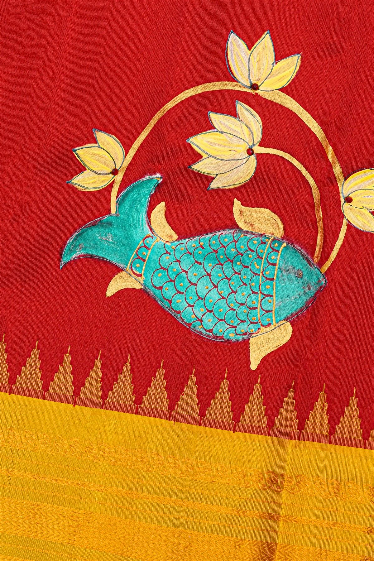 Gadwal Silk Red Tanjore Hand Painted Saree