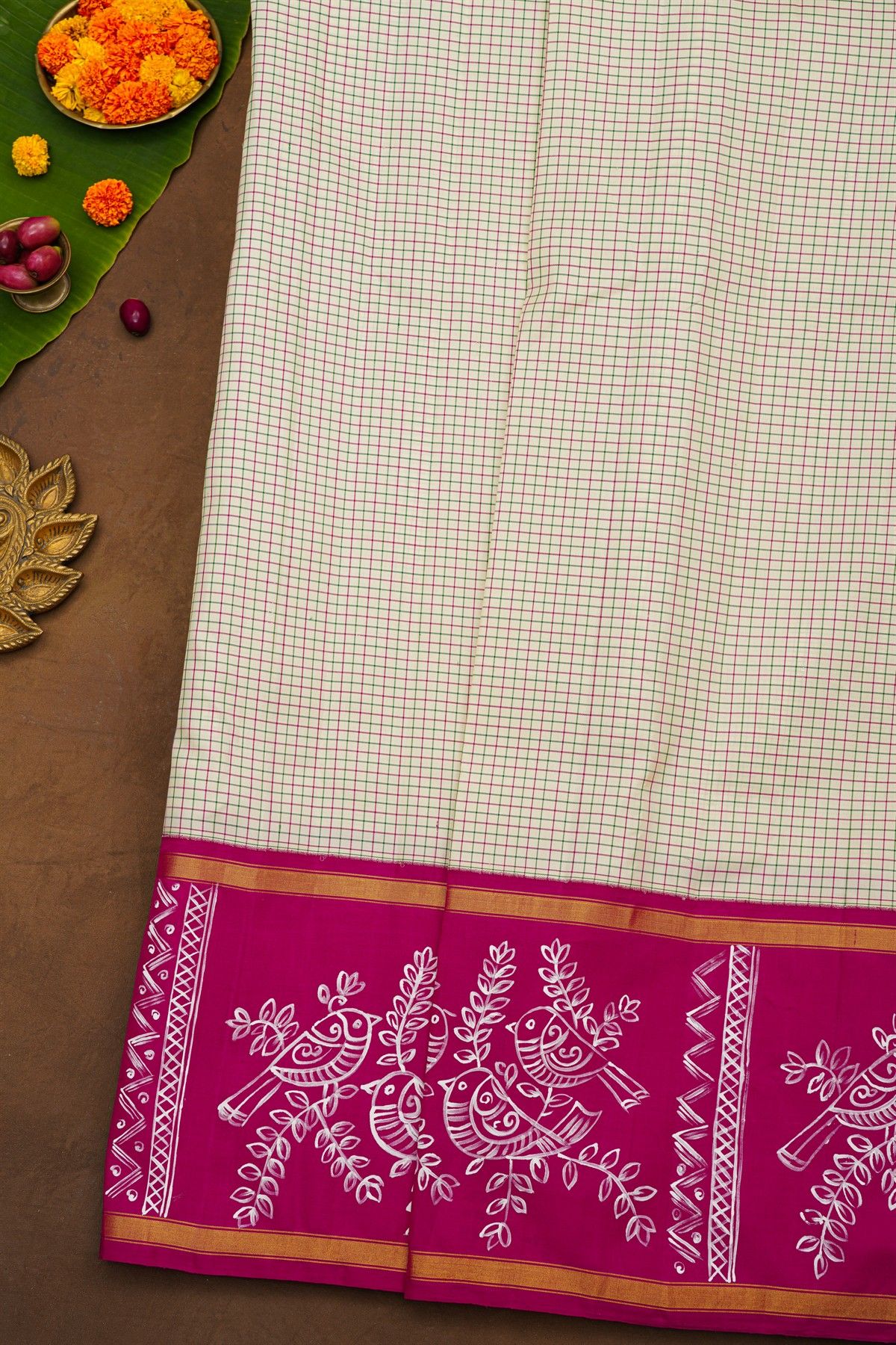 Gadwal Silk Off White Hand-Painted Saree