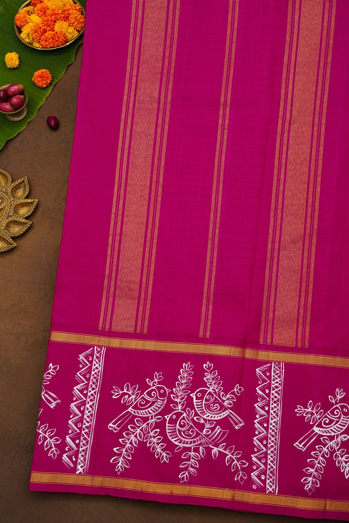 Gadwal Silk Off White Hand-Painted Saree