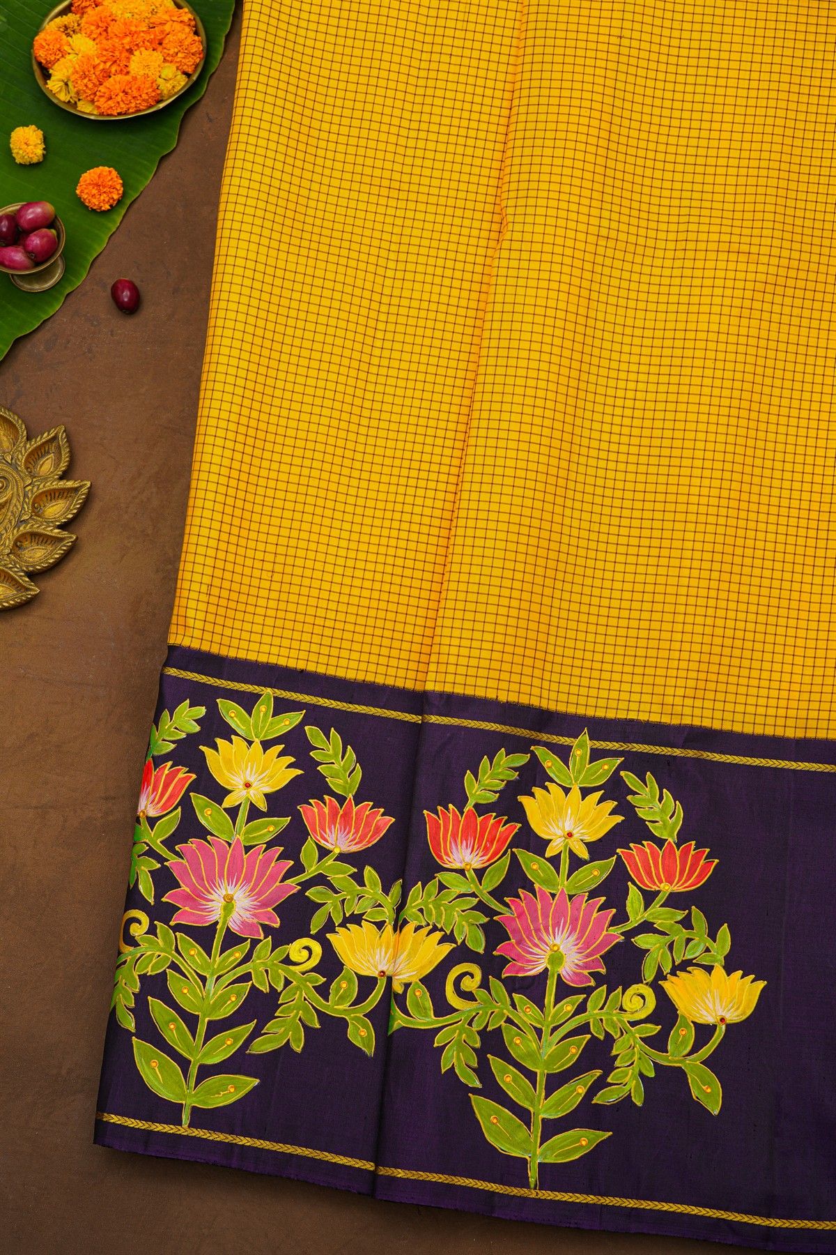 Gadwal Silk Yellow Floral Hand Painted Saree