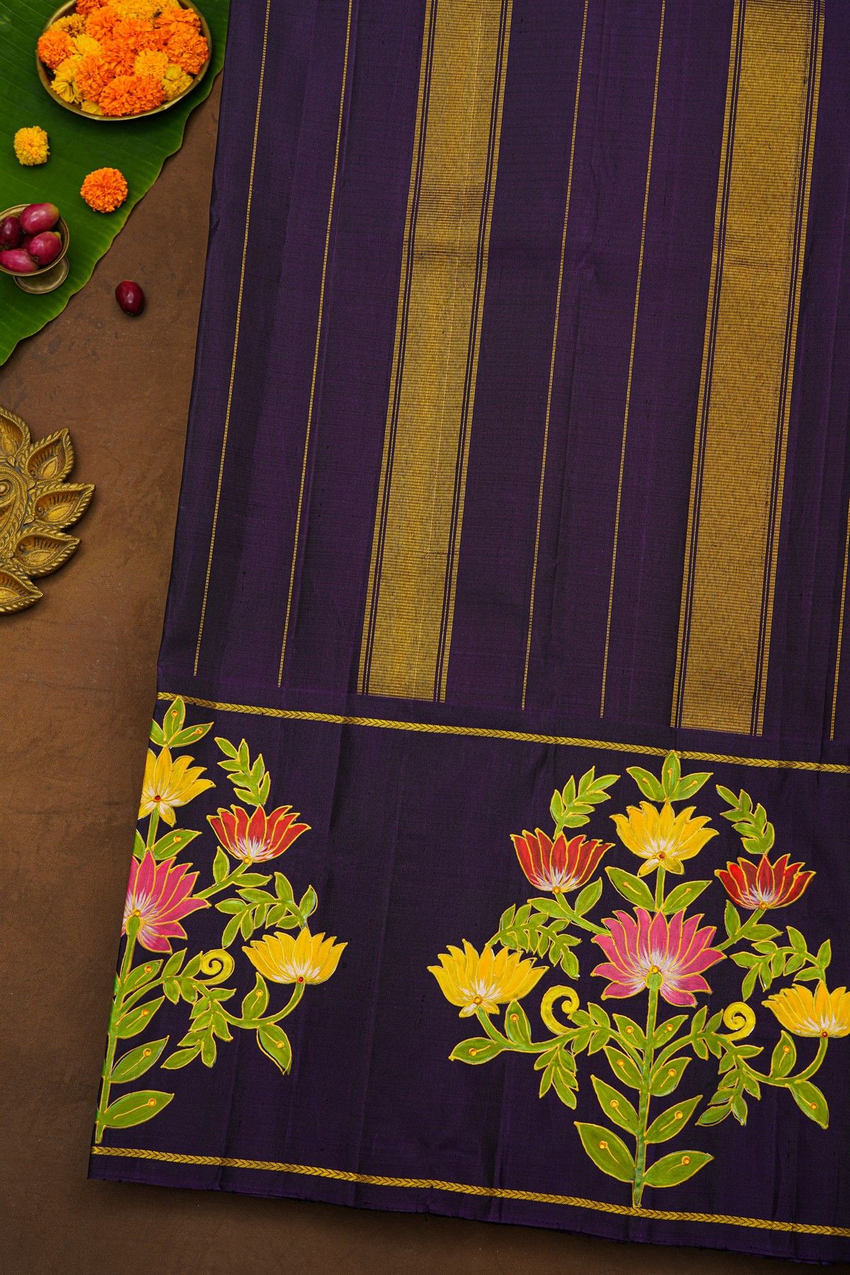 Gadwal Silk Yellow Floral Hand Painted Saree