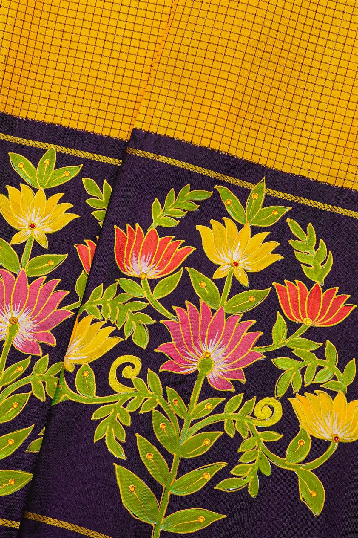Gadwal Silk Yellow Floral Hand Painted Saree