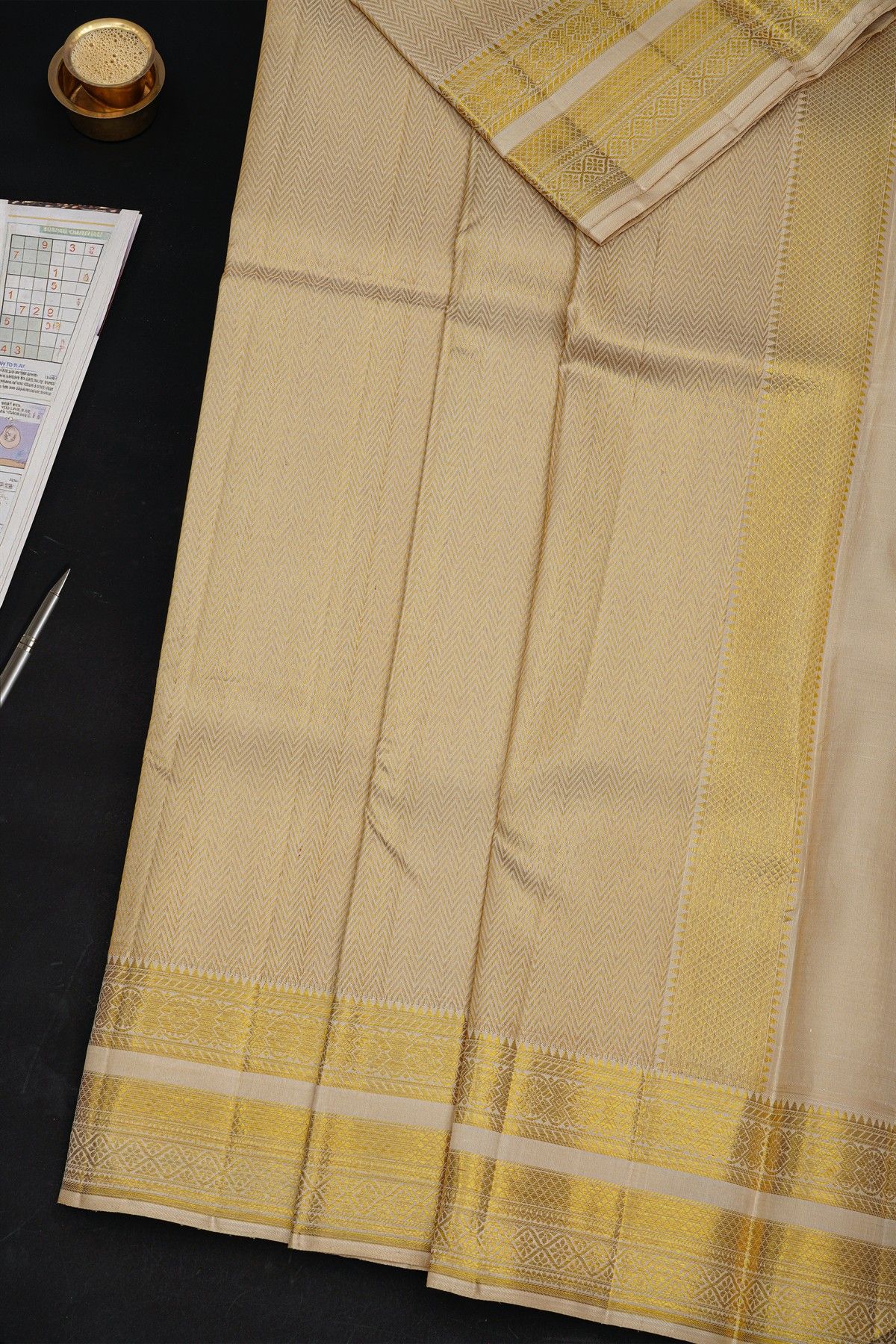 Kancheepuram Silk Off White Dhoti With Zig-Zag Lines In Curvy Shapes