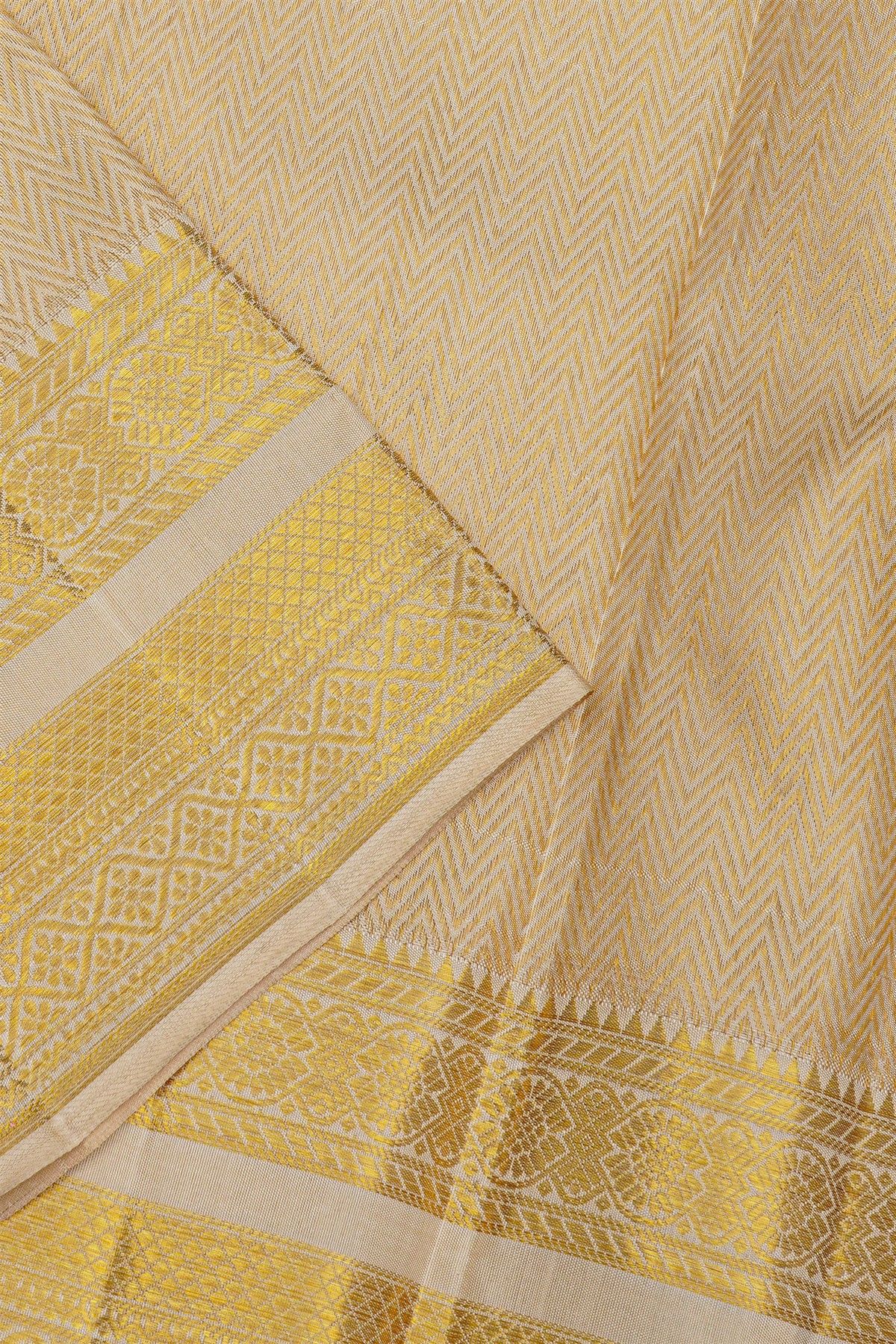 Kancheepuram Silk Off White Dhoti With Zig-Zag Lines In Curvy Shapes